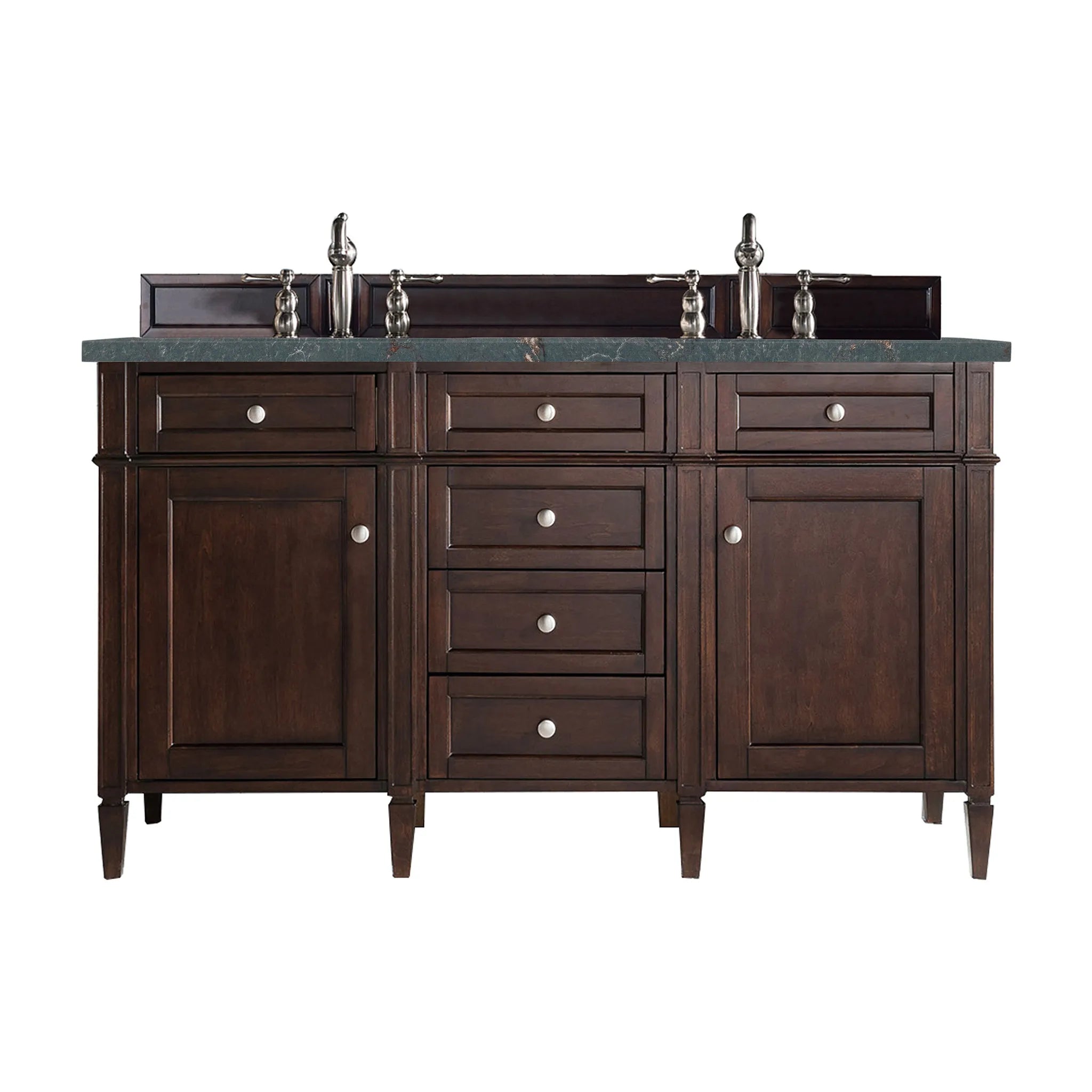 60" Brittany Double Vanity in Burnished Mahogany Wireless Charger-Parisien Bleu Silestone-8" Widespread image