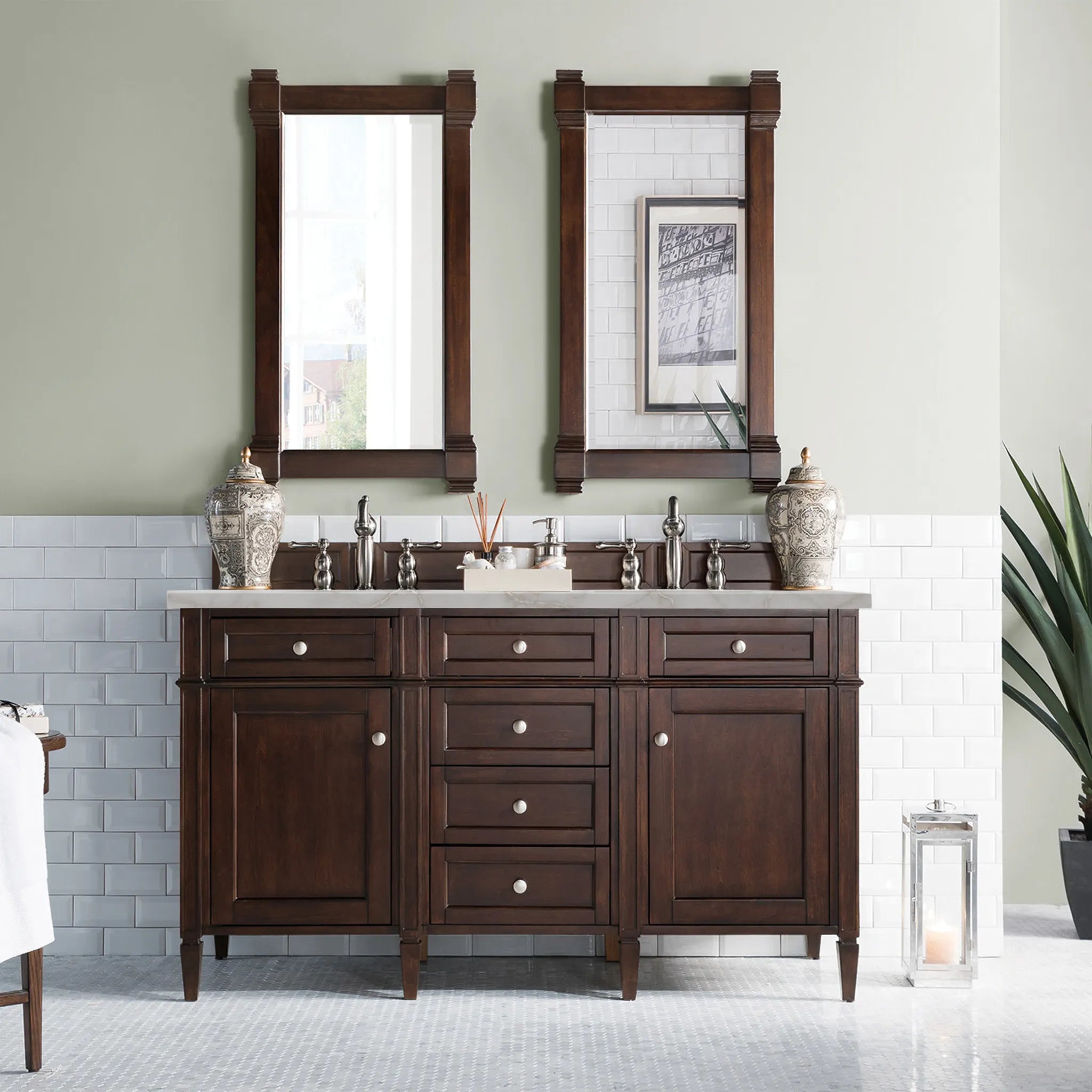60" Brittany Double Vanity in Burnished Mahogany Wireless Charger-Victorian Silver Silestone-8" Widespread image 4