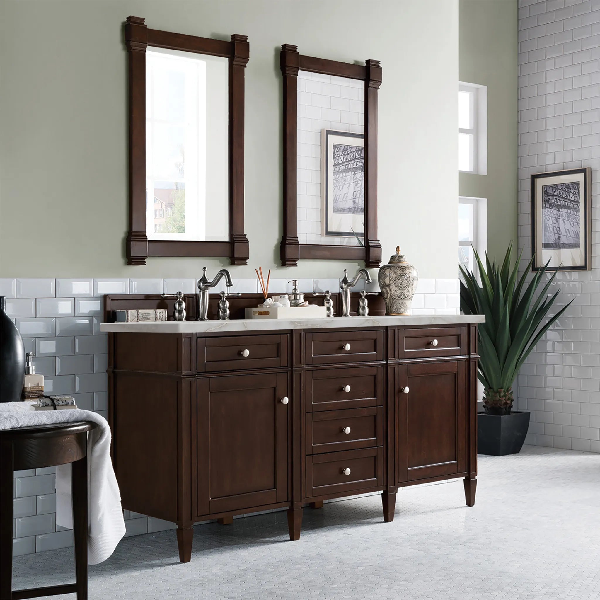 60" Brittany Double Vanity in Burnished Mahogany Wireless Charger-Victorian Silver Silestone-8" Widespread image 5