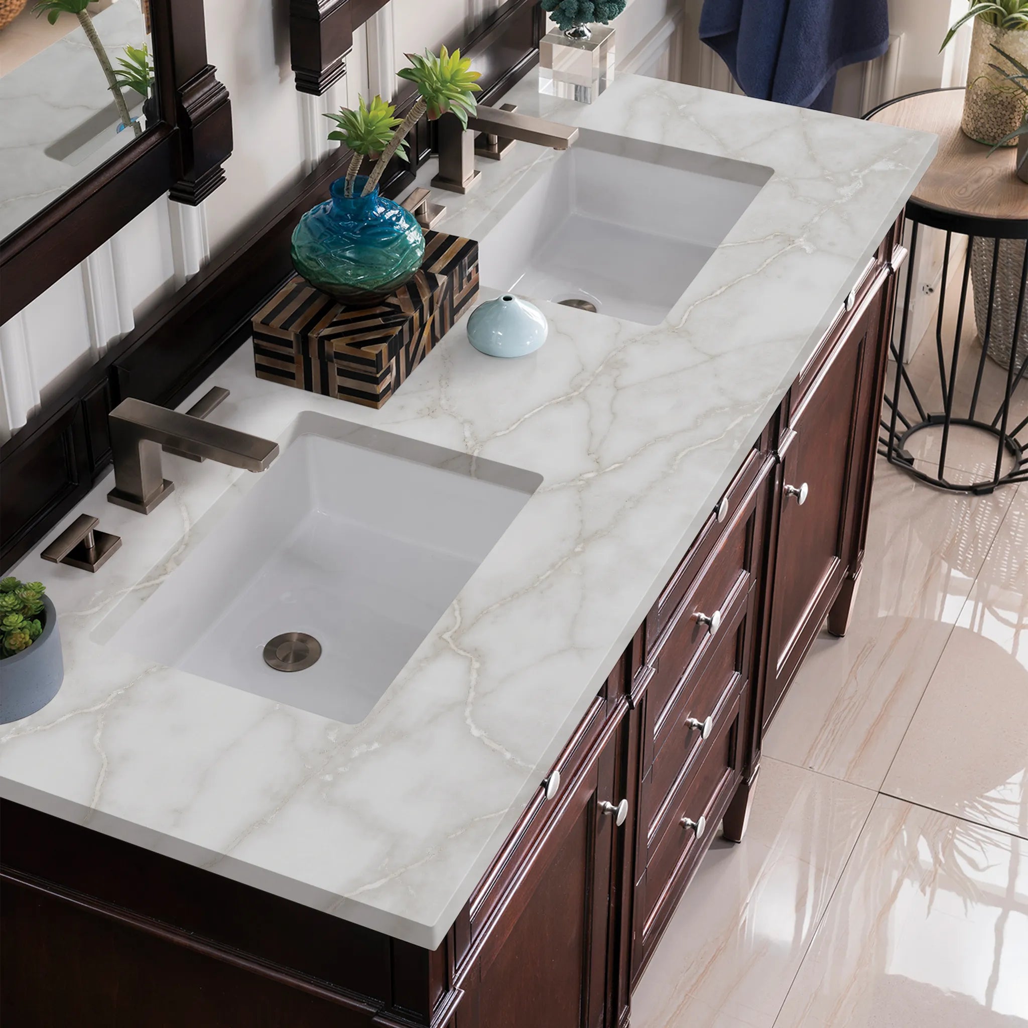 60" Brittany Double Vanity in Burnished Mahogany Wireless Charger-Victorian Silver Silestone-8" Widespread image 8