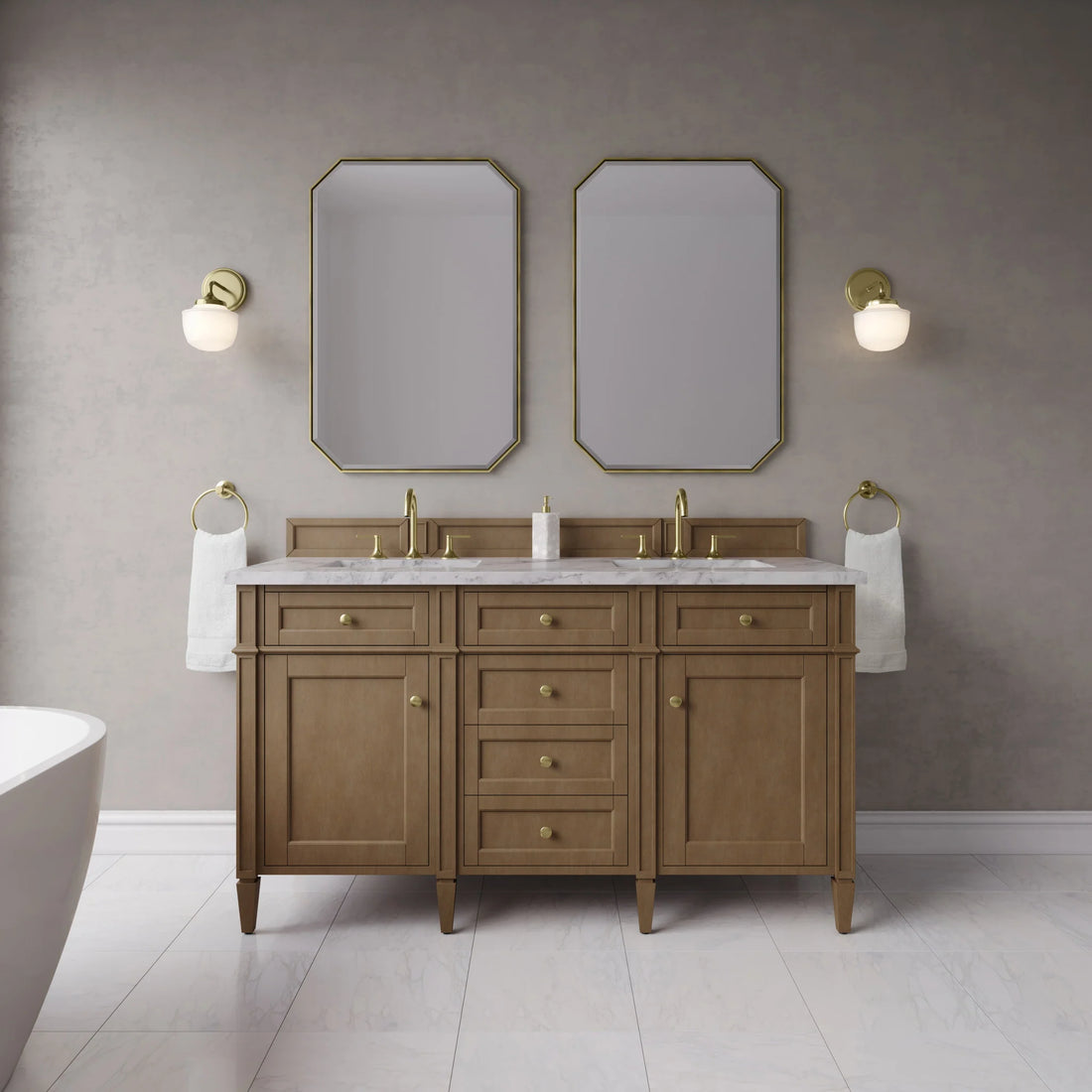 60" Brittany Double Vanity in Pecan by James Martin Vanities-Carrara White Marble 1