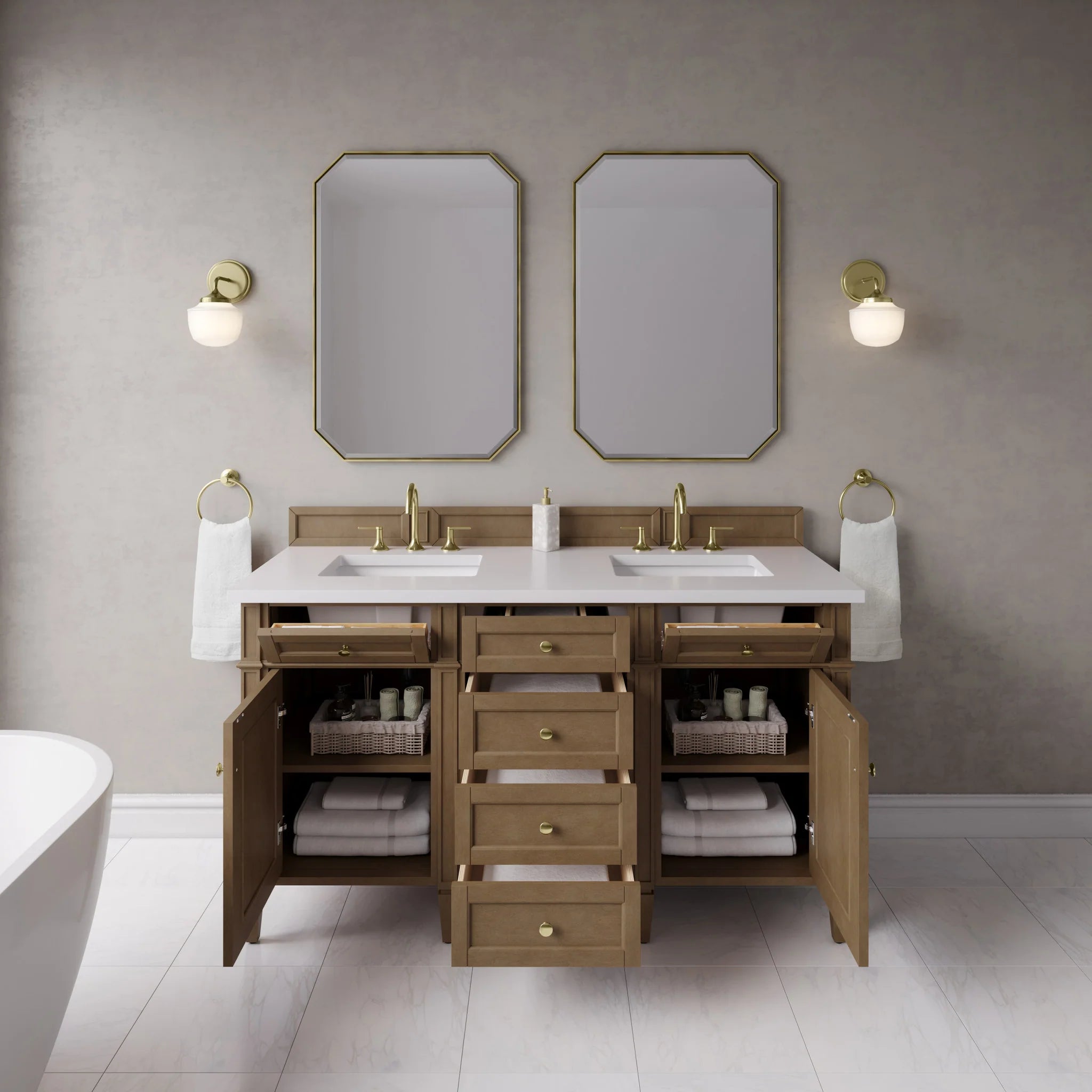 60" Brittany Double Vanity in Pecan by James Martin Vanities-White Zeus Silestone 4