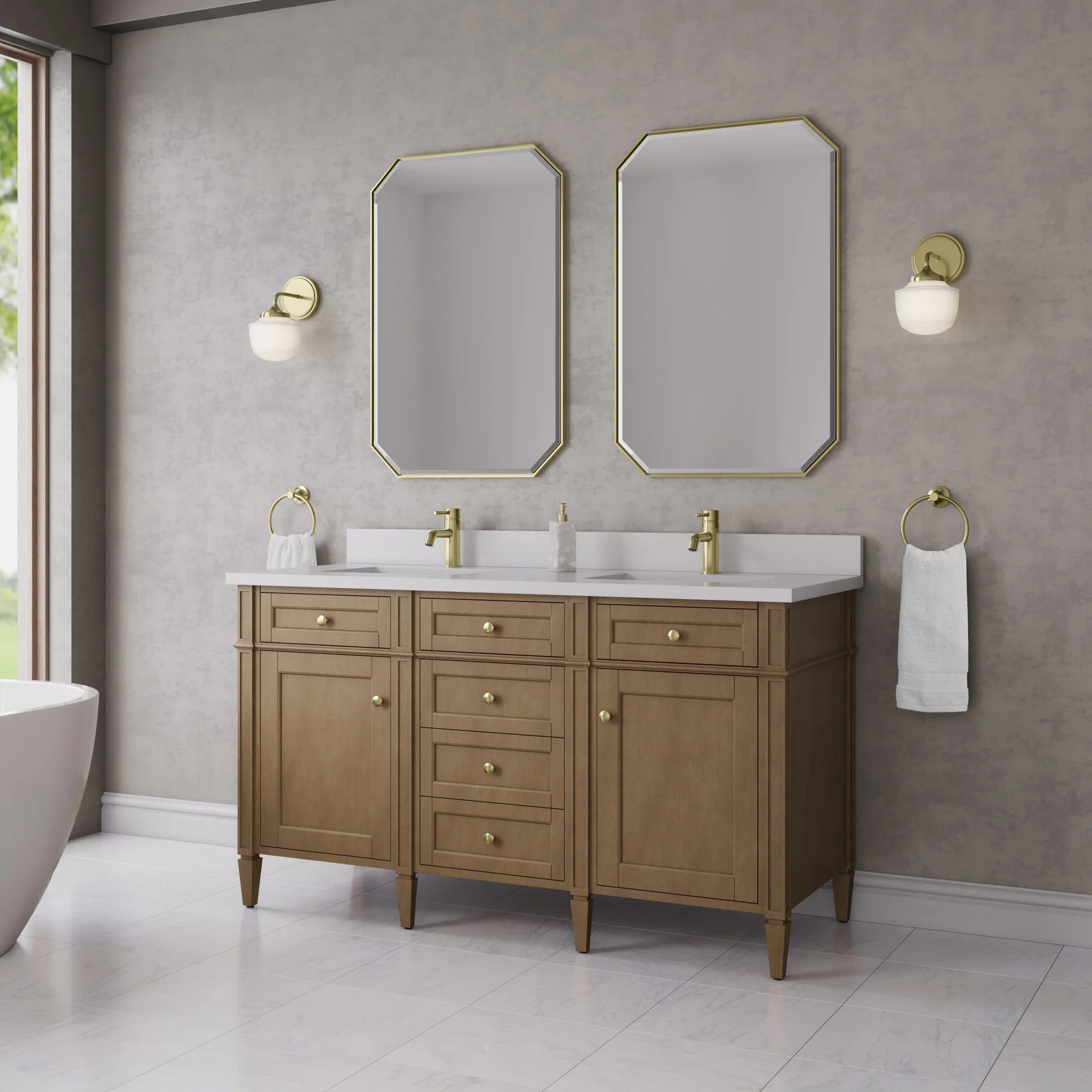 60" Brittany Double Vanity in Pecan by James Martin Vanities-White Zeus Silestone & Backsplash 2