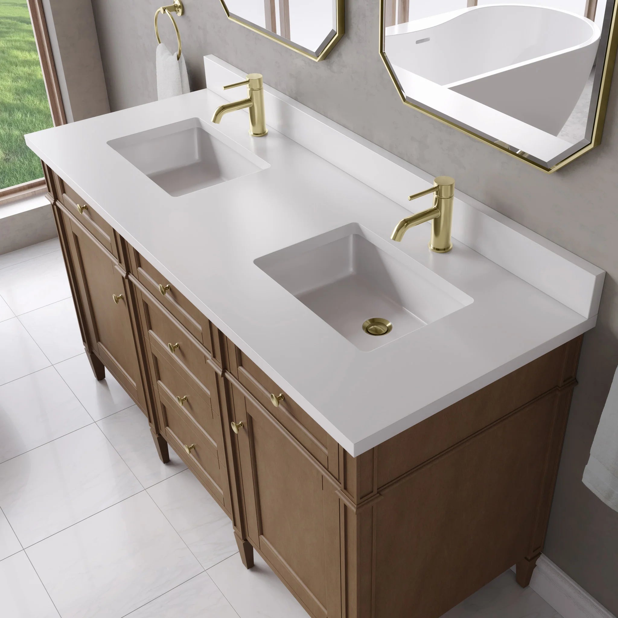 60" Brittany Double Vanity in Pecan by James Martin Vanities-White Zeus Silestone & Backsplash 4