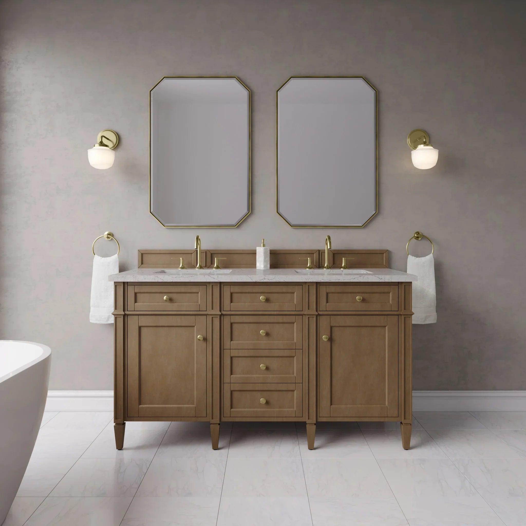 60" Brittany Double Vanity in Pecan w/FreePower Wireless Charger by James Martin Vanities-Eternal Jasmine Pearl Silestone 1