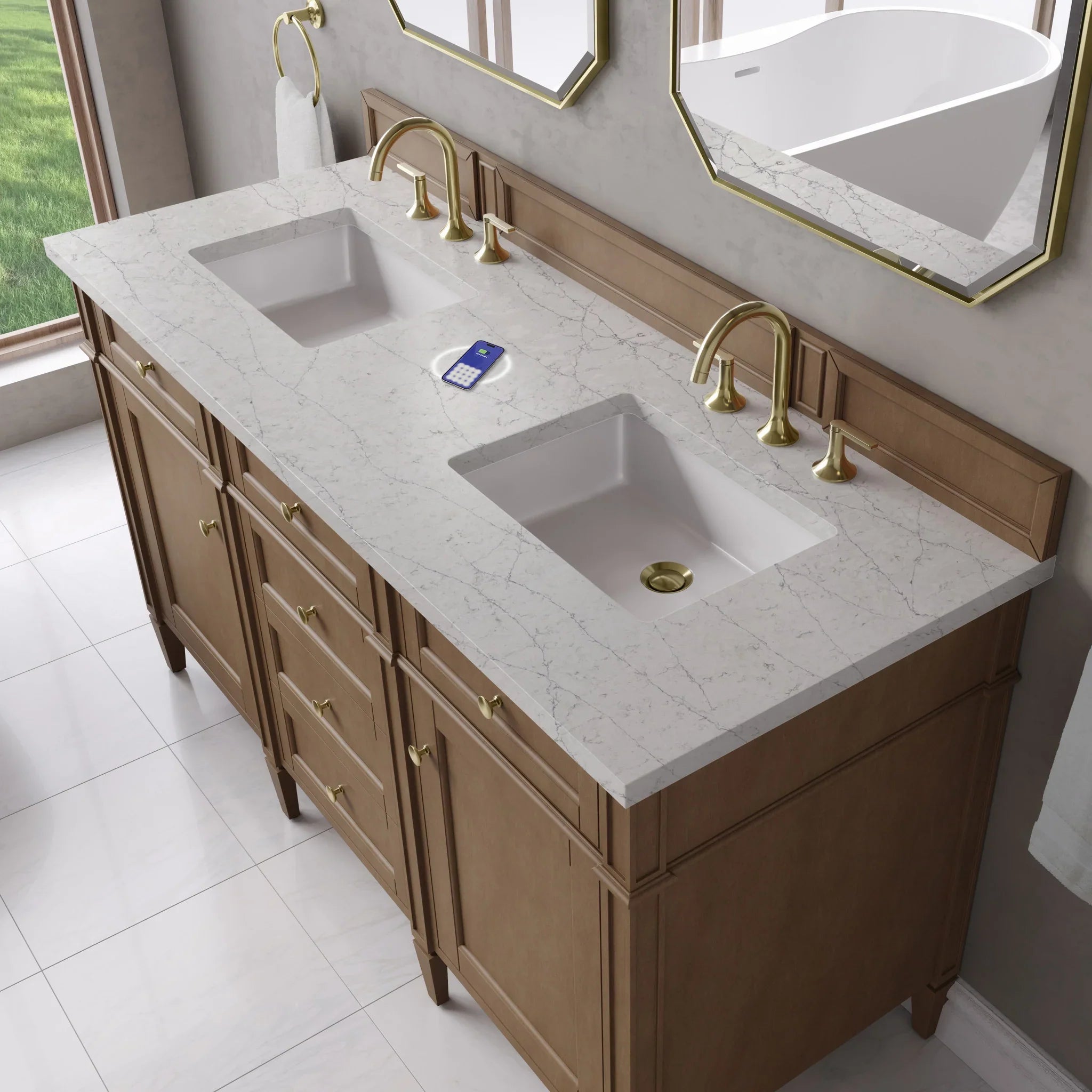 60" Brittany Double Vanity in Pecan w/FreePower Wireless Charger by James Martin Vanities-Eternal Jasmine Pearl Silestone 5