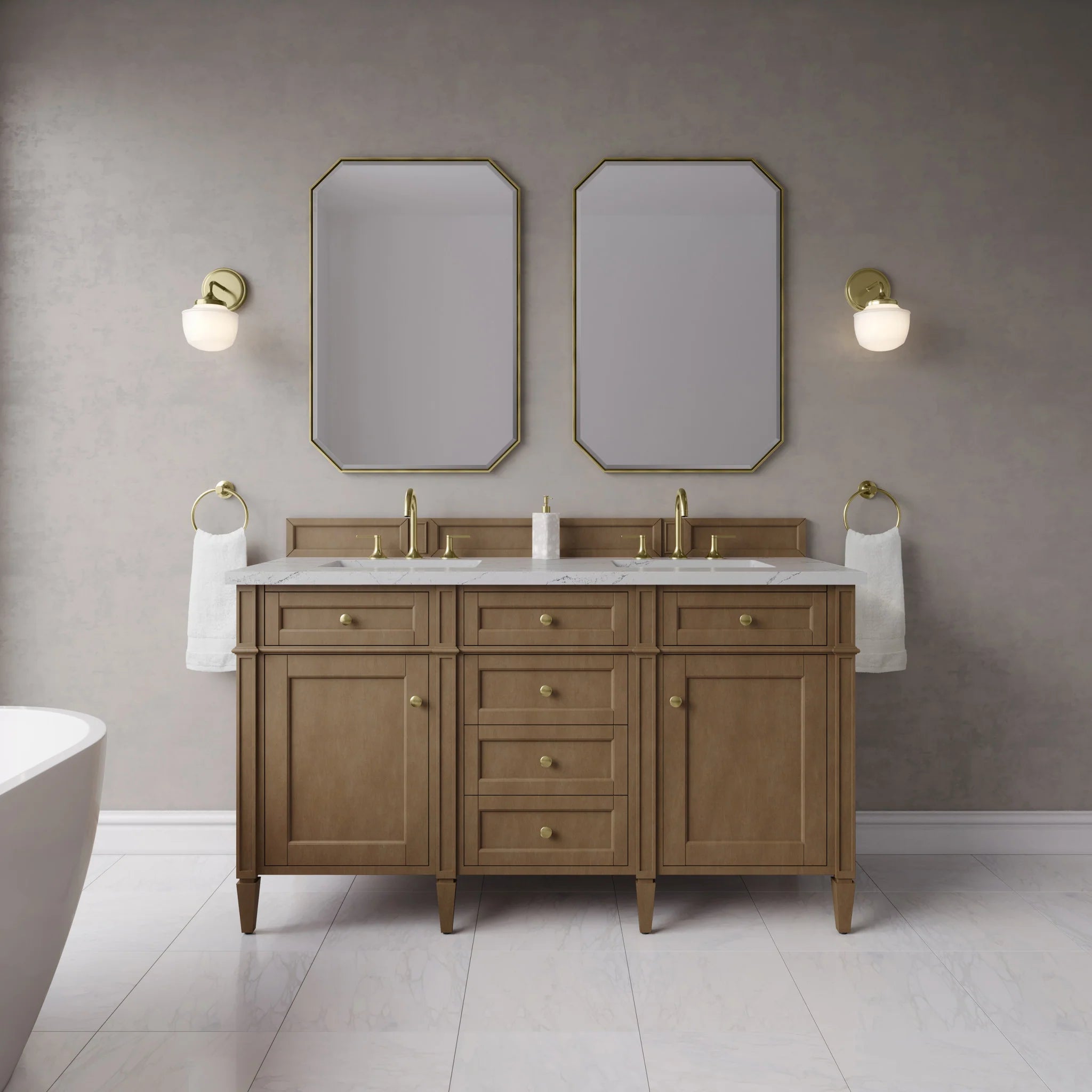 60" Brittany Double Vanity in Pecan w/FreePower Wireless Charger by James Martin Vanities-Ethereal Noctis Silestone 1
