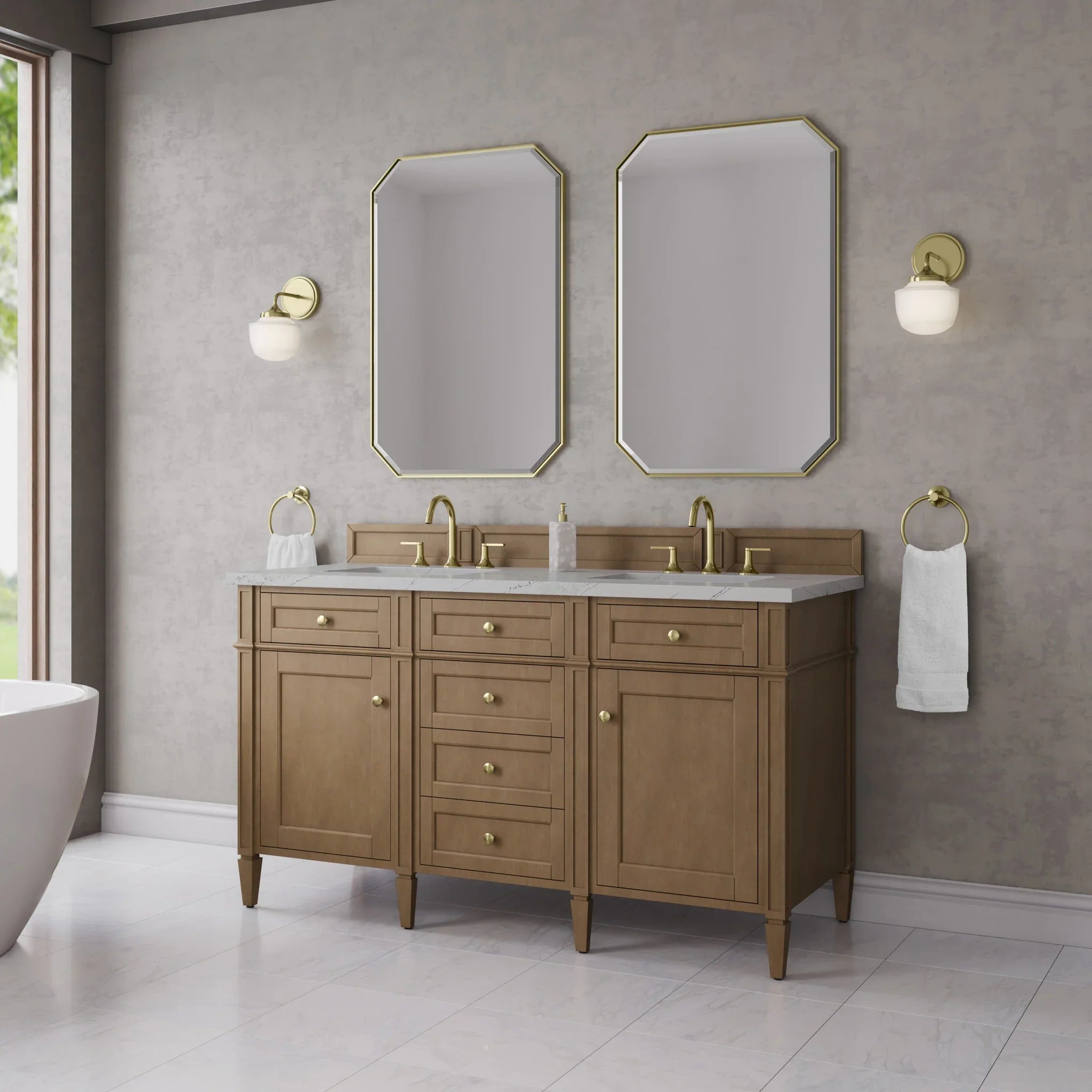 60" Brittany Double Vanity in Pecan w/FreePower Wireless Charger by James Martin Vanities-Ethereal Noctis Silestone 2