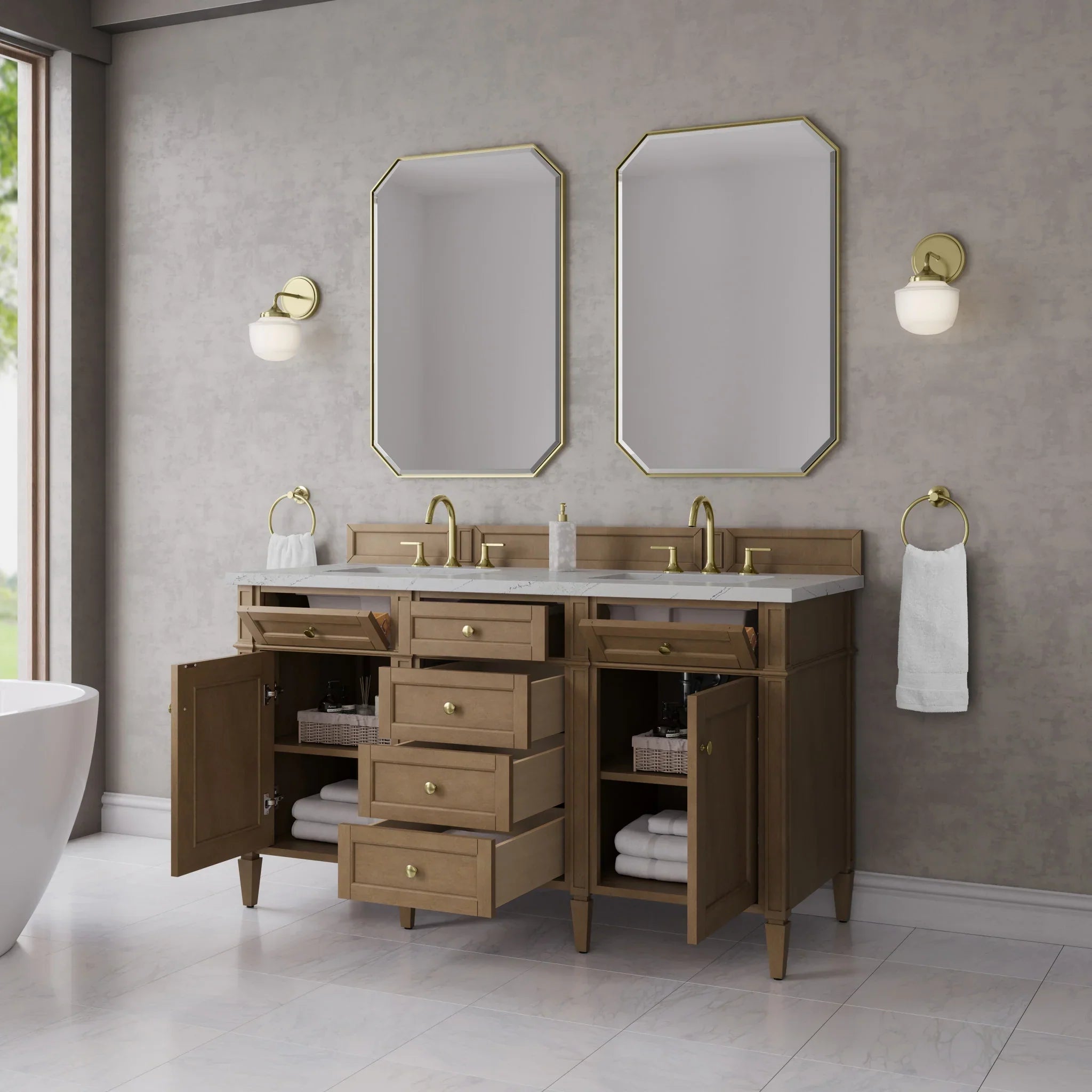 60" Brittany Double Vanity in Pecan w/FreePower Wireless Charger by James Martin Vanities-Ethereal Noctis Silestone 3