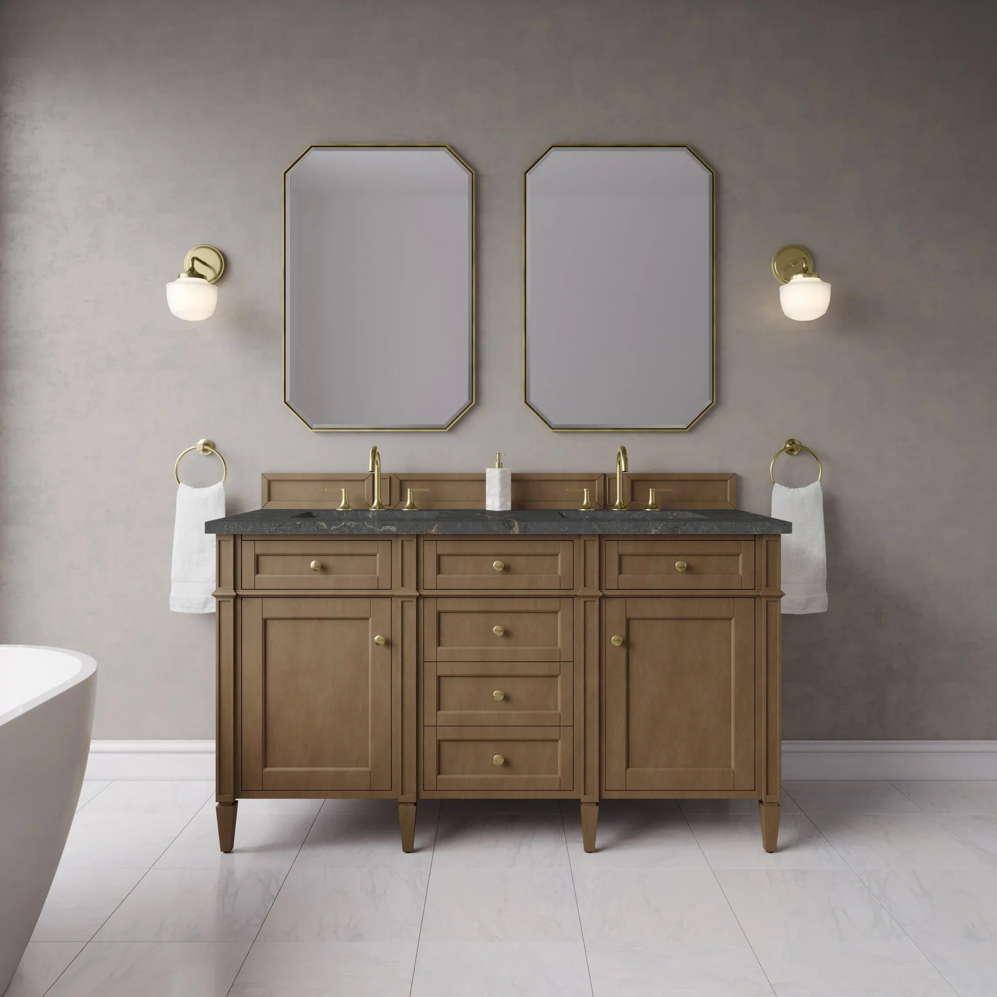 60" Brittany Double Vanity in Pecan w/FreePower Wireless Charger by James Martin Vanities-Parisien Bleu Silestone 1