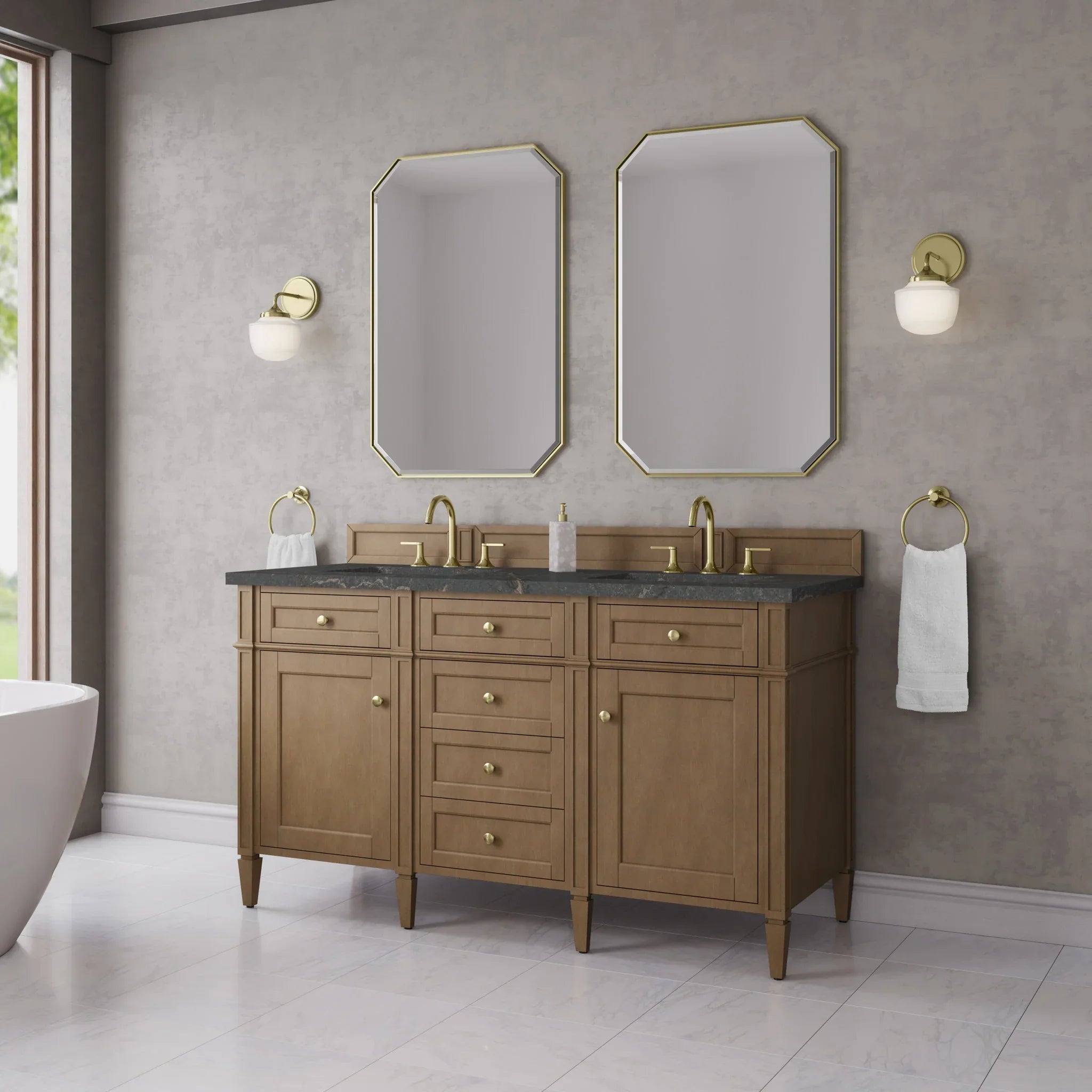 60" Brittany Double Vanity in Pecan w/FreePower Wireless Charger by James Martin Vanities-Parisien Bleu Silestone 2