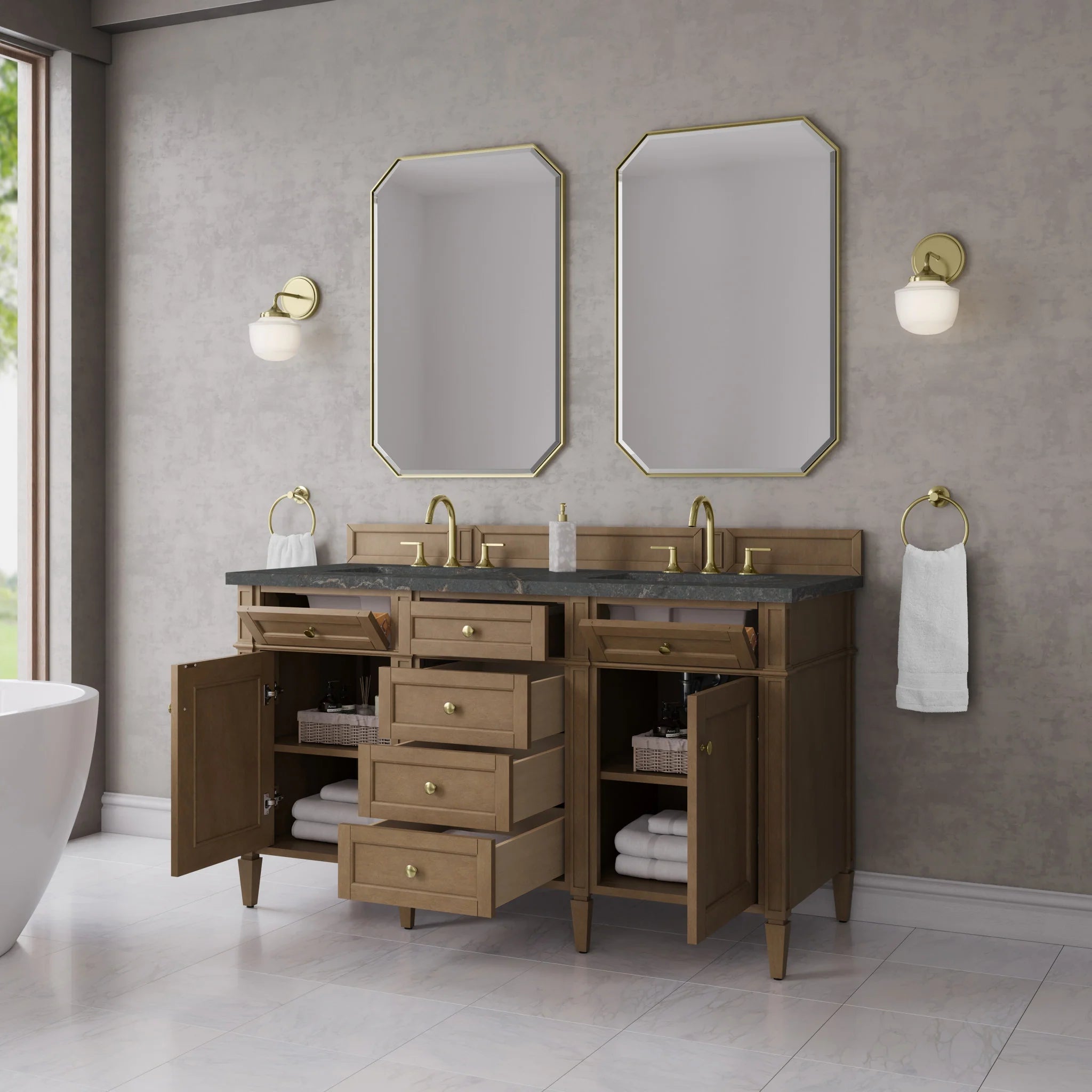 60" Brittany Double Vanity in Pecan w/FreePower Wireless Charger by James Martin Vanities-Parisien Bleu Silestone 3