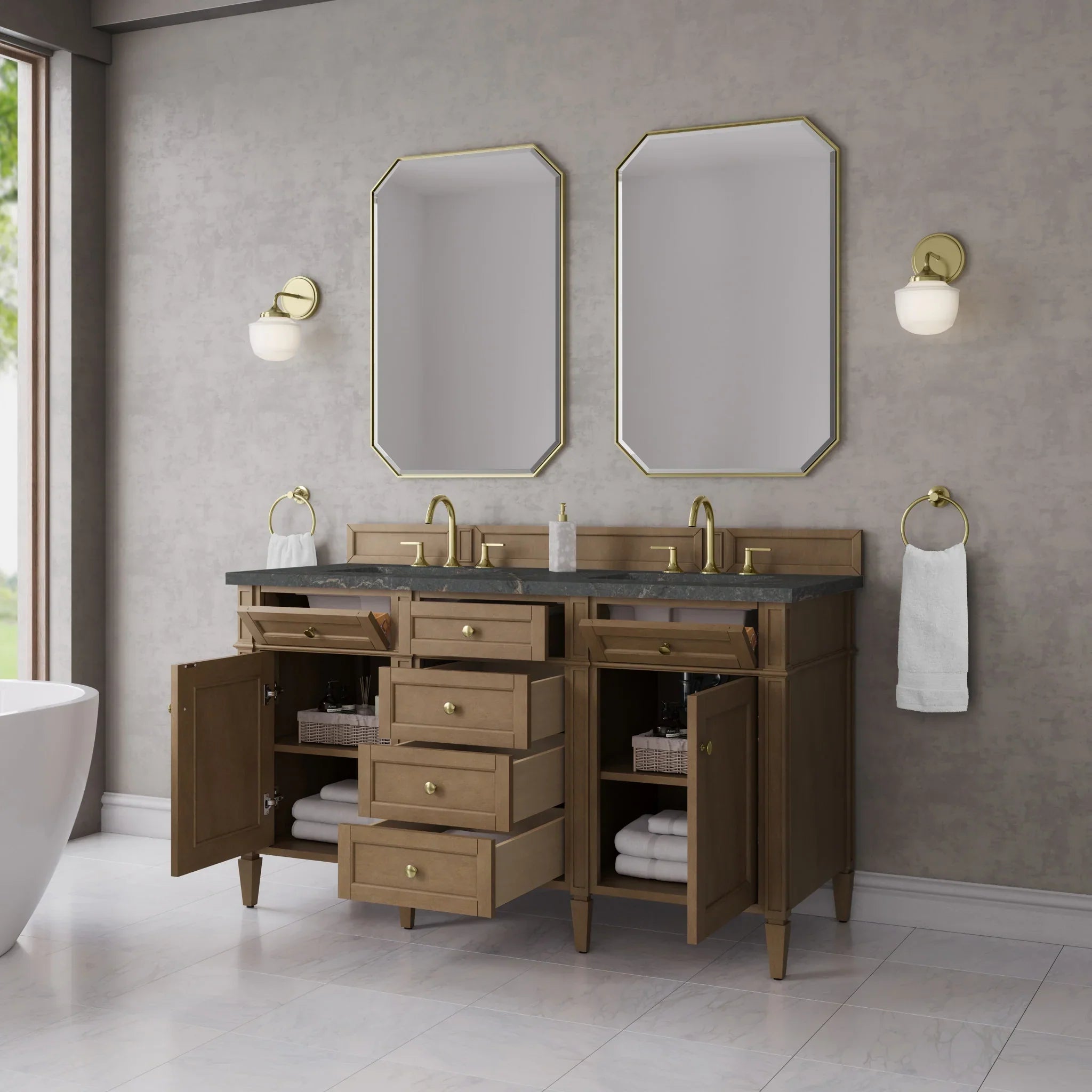 60" Brittany Double Vanity in Pecan w/FreePower Wireless Charger by James Martin Vanities-Parisien Bleu Silestone 3