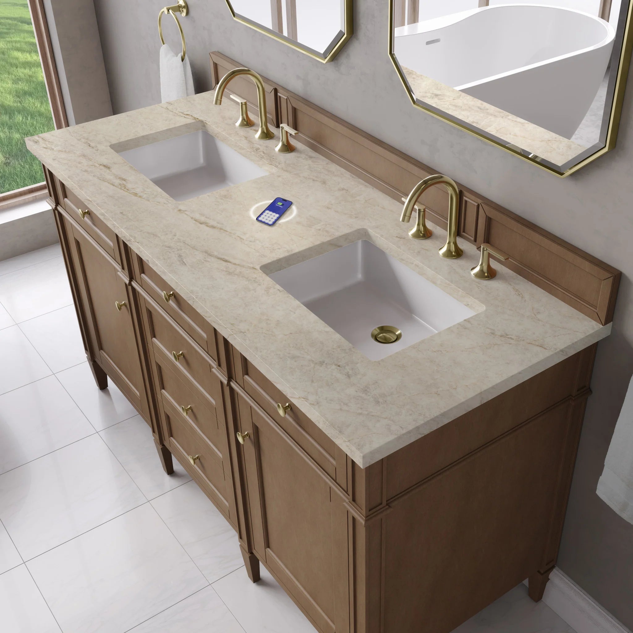 60" Brittany Double Vanity in Pecan w/FreePower Wireless Charger by James Martin Vanities-Tajnar Eclos 5