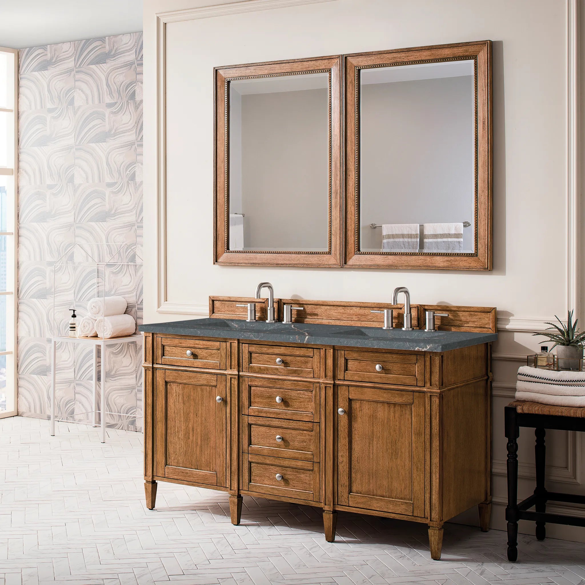 60" Brittany Double Vanity in Saddle Brown w/FreePower Wireless Charger-Parisien Bleu Silestone-8" Widespread image 5