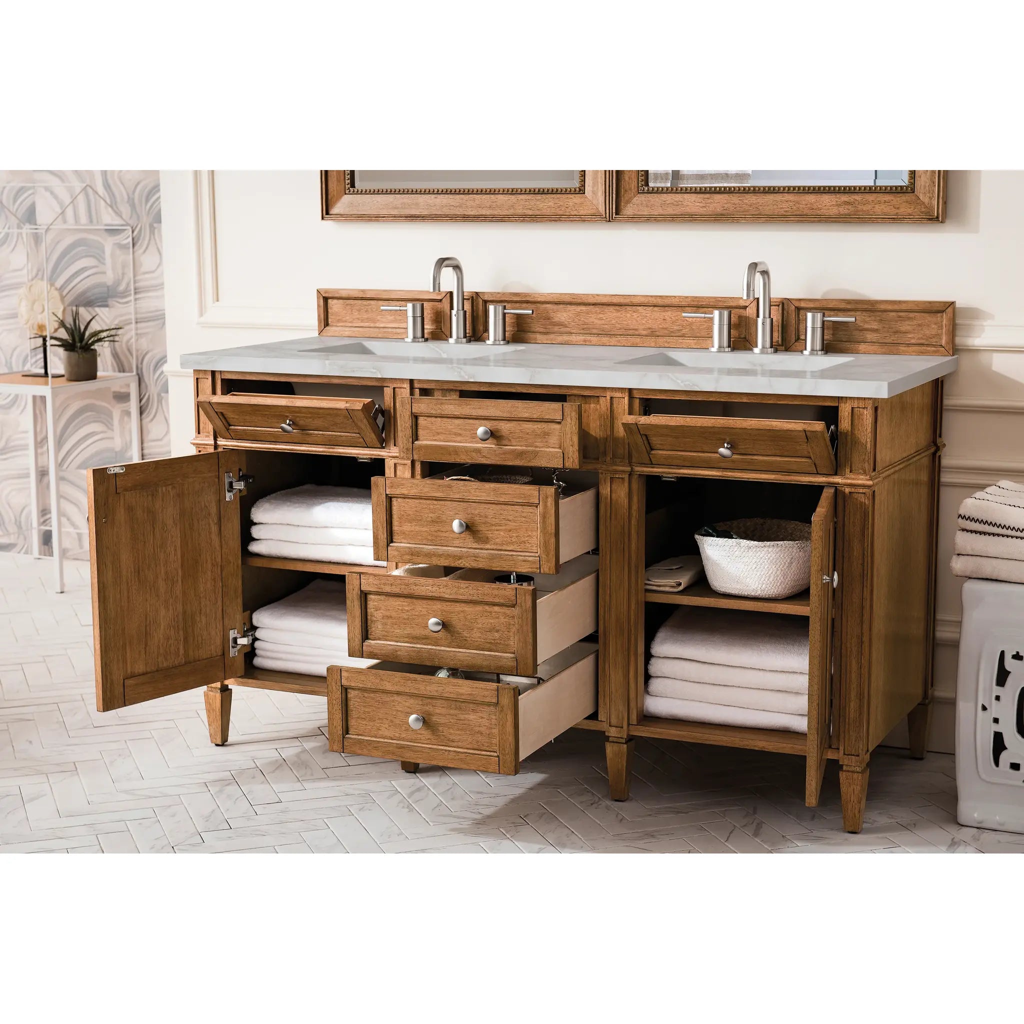 60" Brittany Double Vanity in Saddle Brown w/FreePower Wireless Charger-Victorian Silver Silestone-8" Widespread image 6