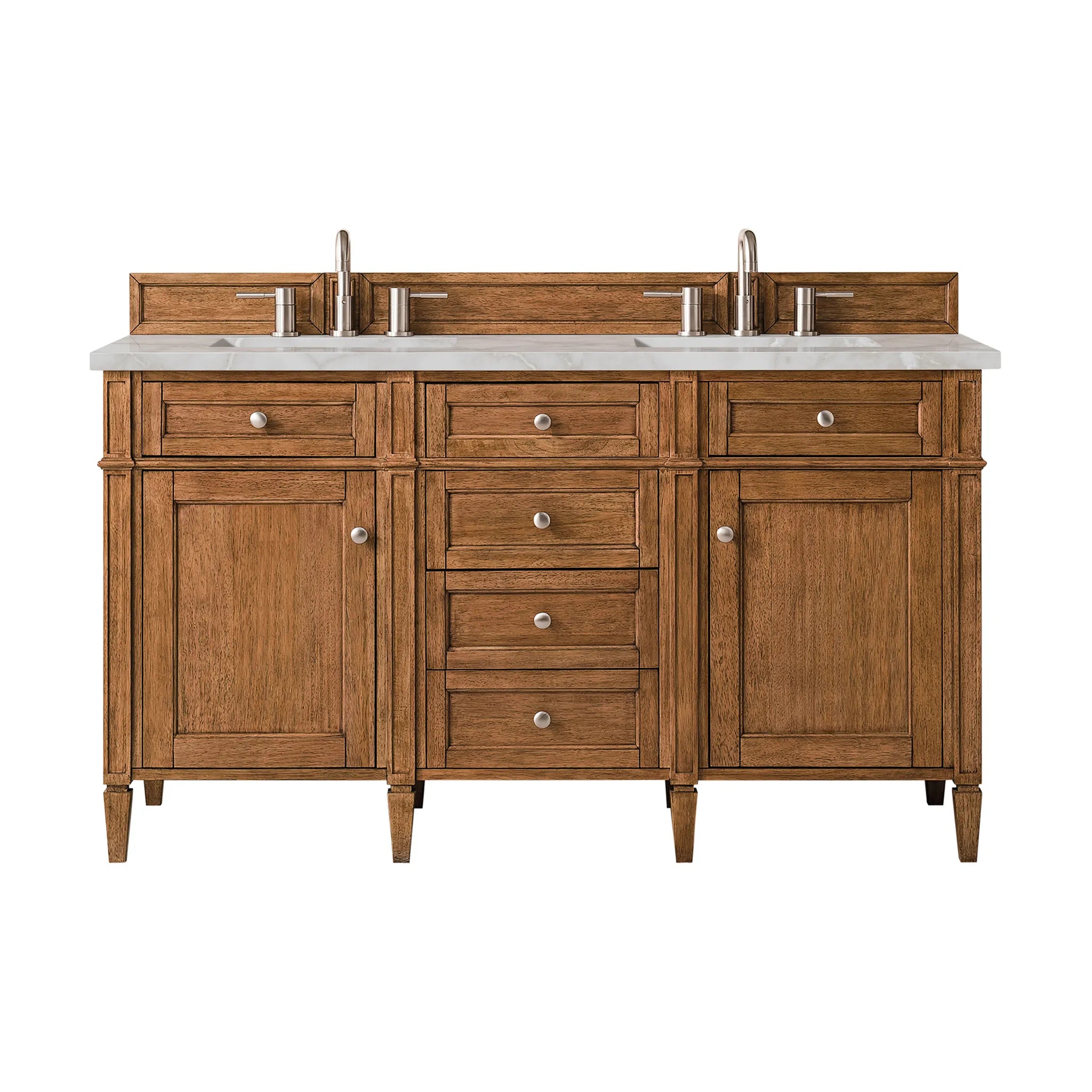 60" Brittany Double Vanity in Saddle Brown w/FreePower Wireless Charger-Victorian Silver Silestone-8" Widespread image
