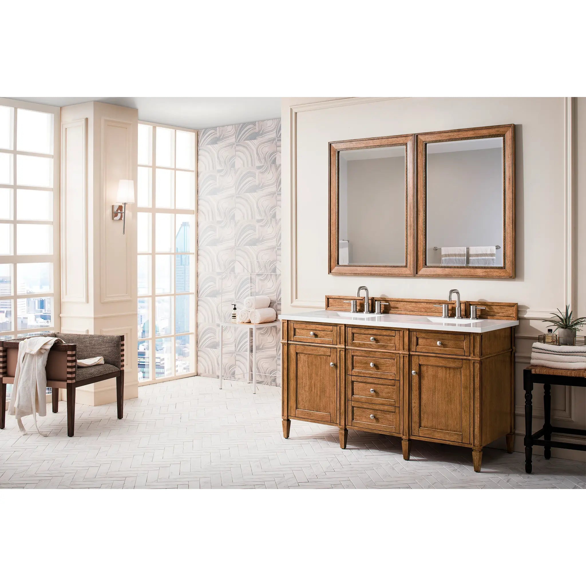 60" Brittany Double Vanity in Saddle Brown-White Zeus Silestone-8" Widespread image 2