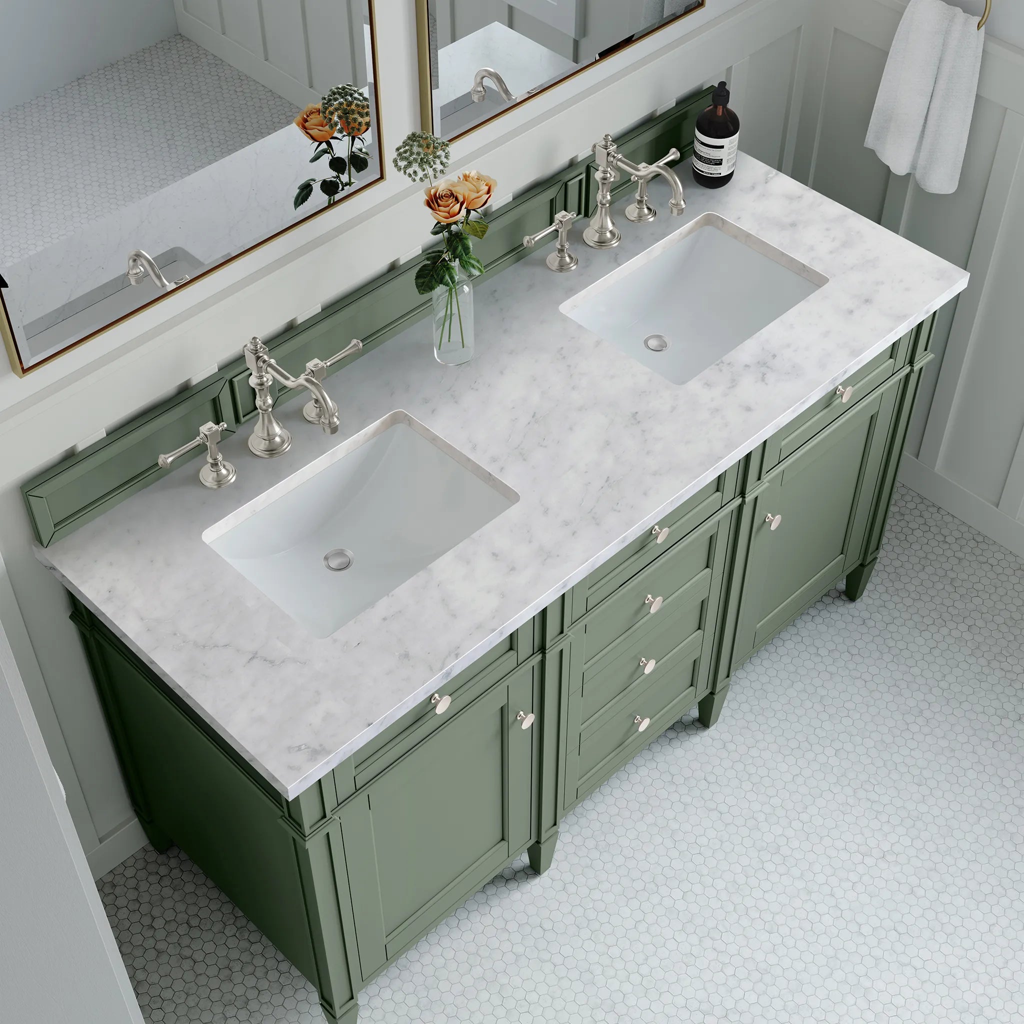 60" Brittany Double Vanity in Smokey Celadon-Carrara White Marble-8" Widespread image 4