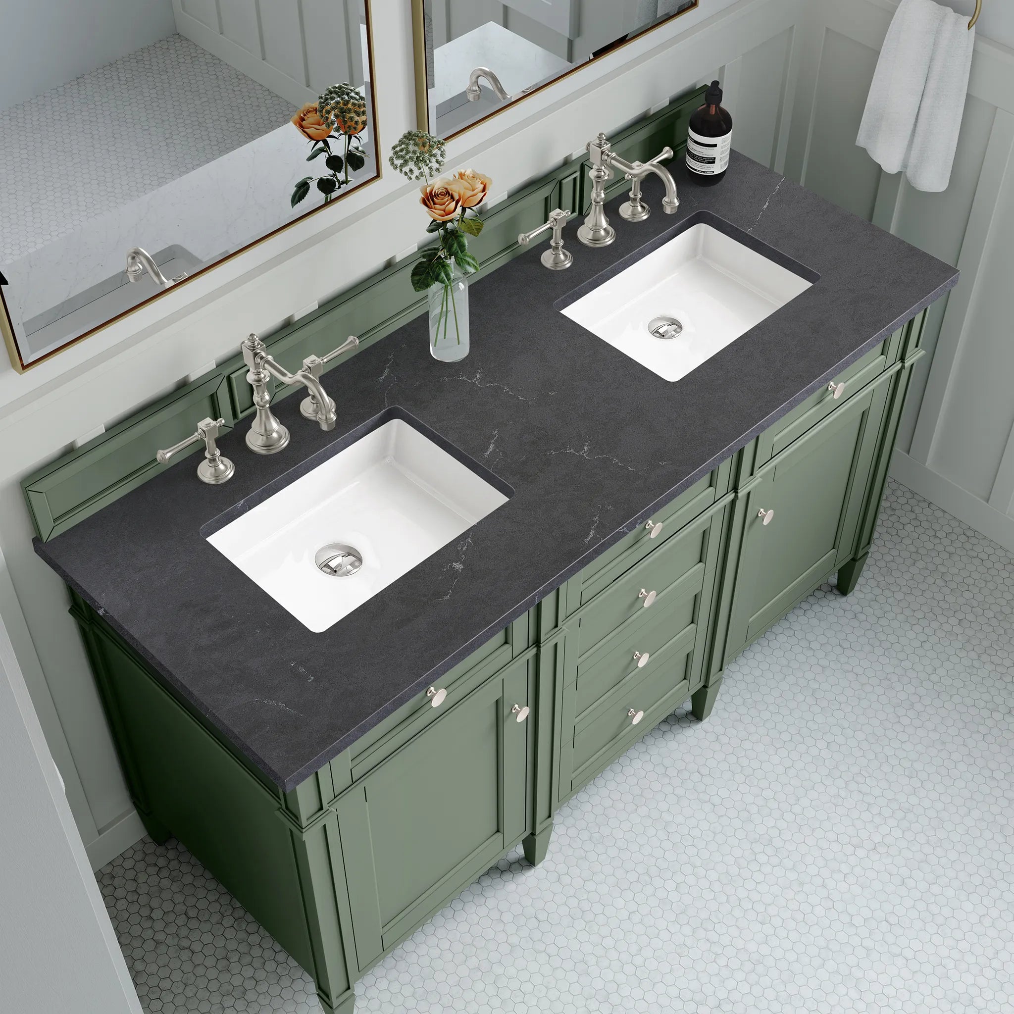 60" Brittany Double Vanity in Smokey Celadon-Charcoal Soapstone Silestone-8" Widespread image 3