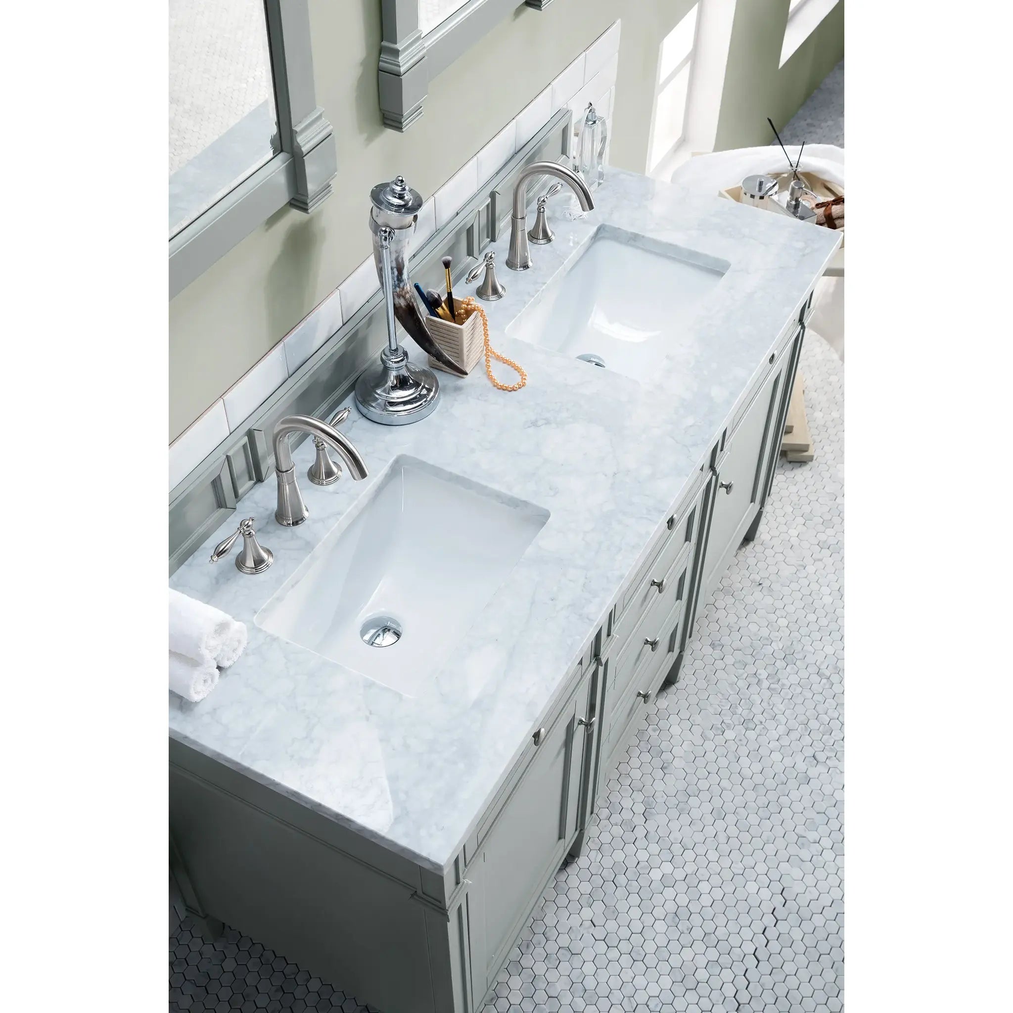 60" Brittany Double Vanity in Urban Gray-Carrara White Marble-8" Widespread image 4