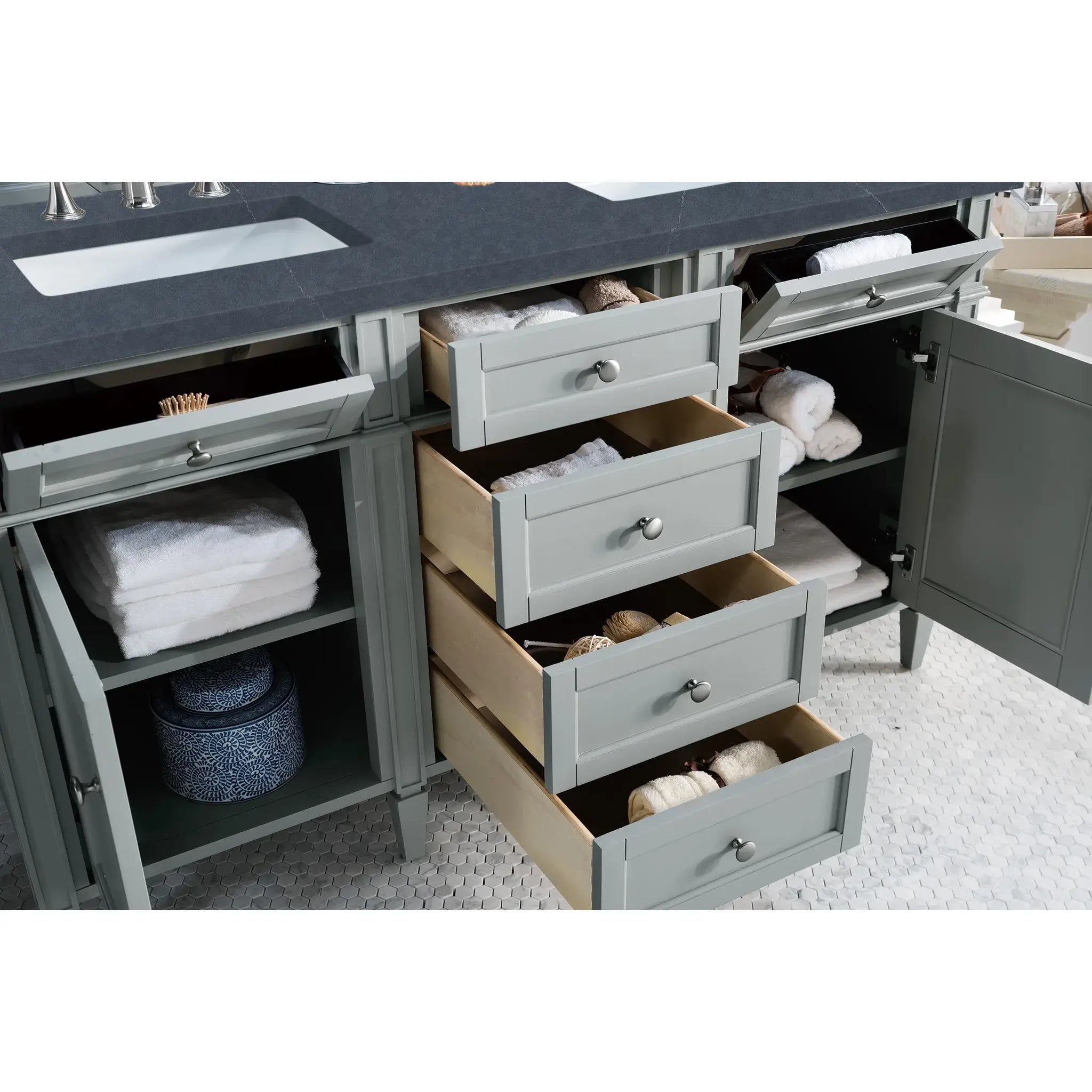 60" Brittany Double Vanity in Urban Gray-Charcoal Soapstone Silestone-8" Widespread image 3