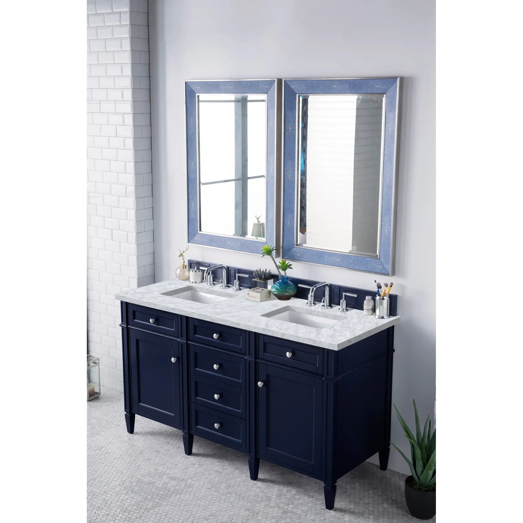 60" Brittany Double Vanity in Victory Bleu-Carrara White Marble-8" Widespread image 2