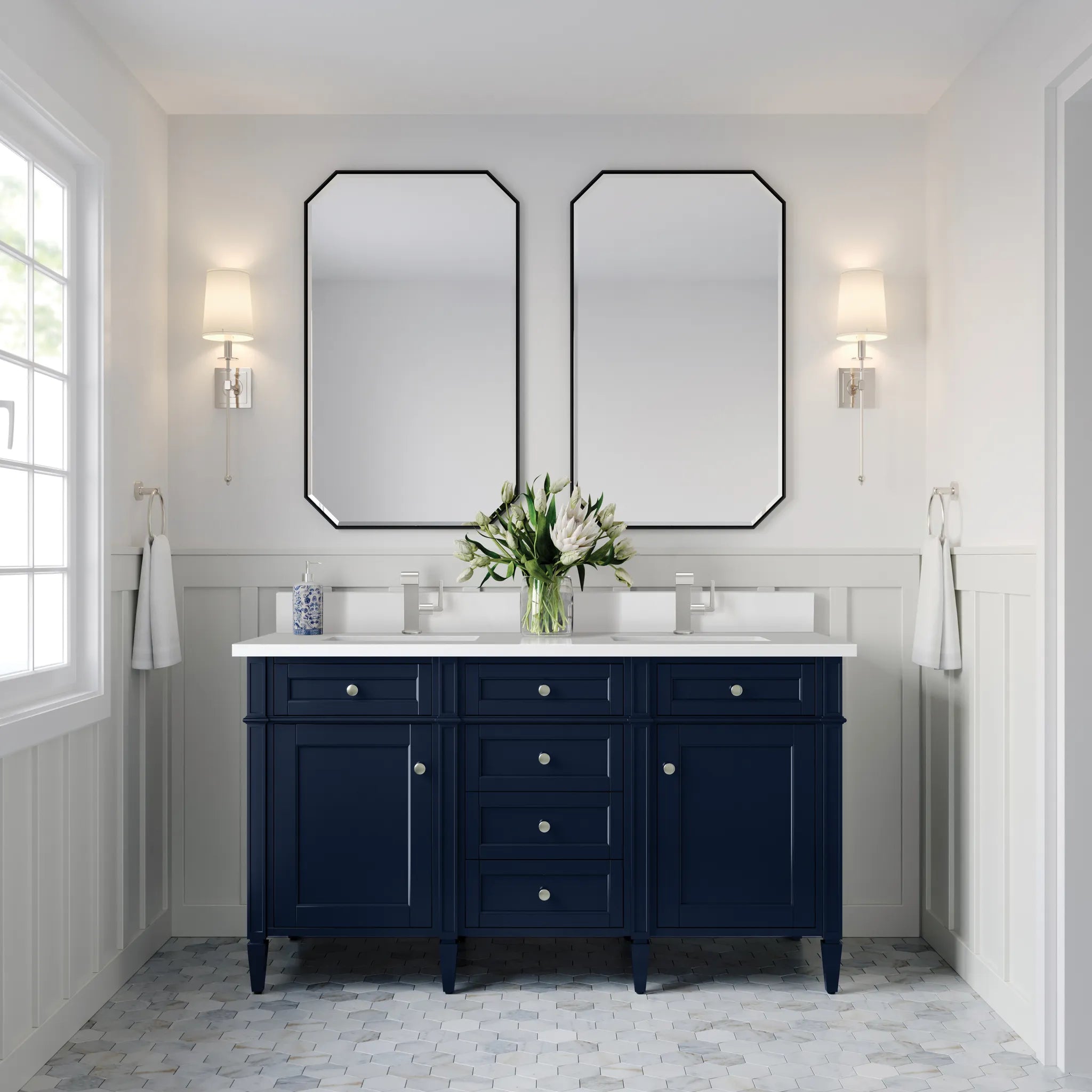 60" Brittany Double Vanity in Victory Bleu-White Zeus Silestone & Backsplash-Single Hole image 1