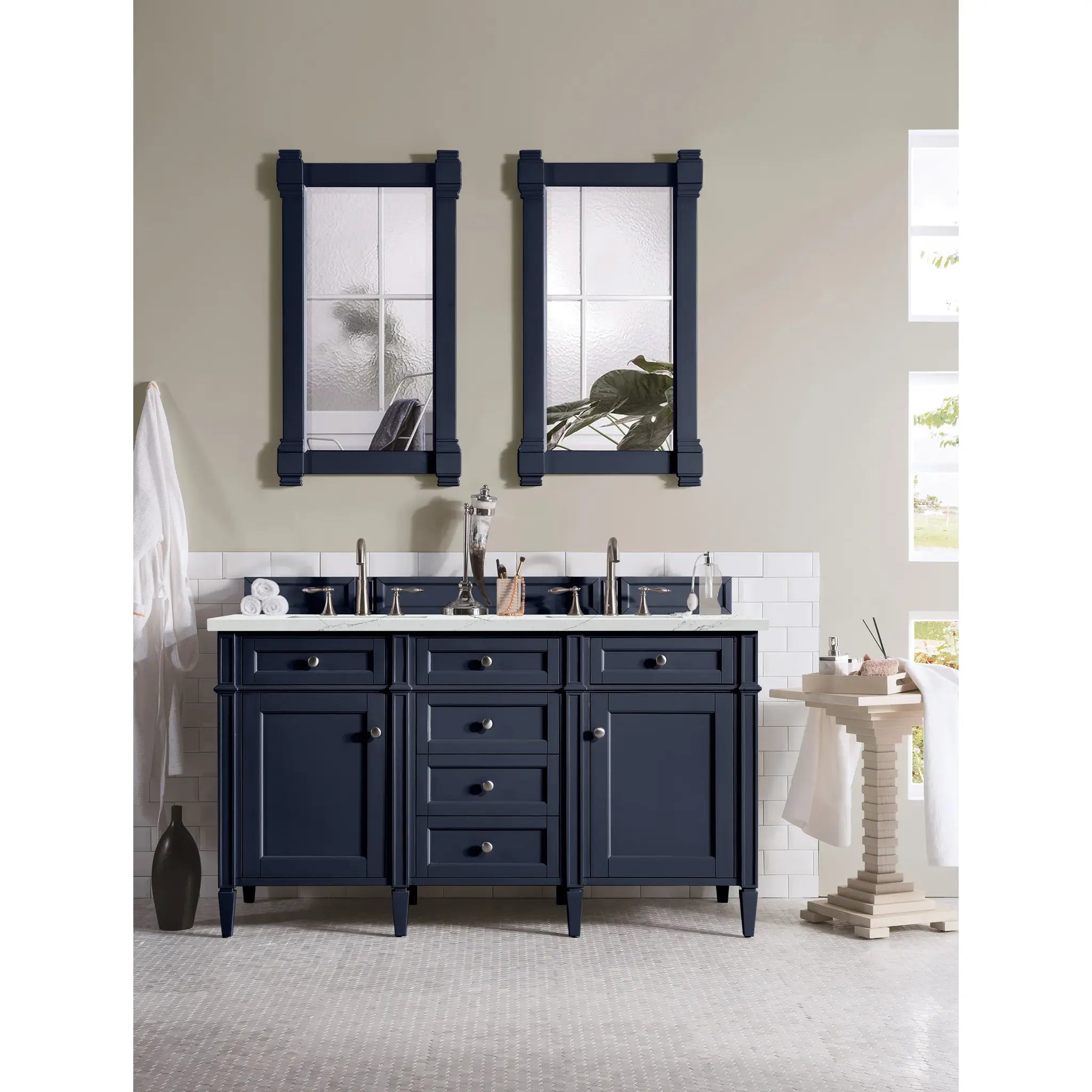 60" Brittany Double Vanity in Victory Blue w/FreePower Wireless Charger-Ethereal Noctis Silestone-8" Widespread image 4