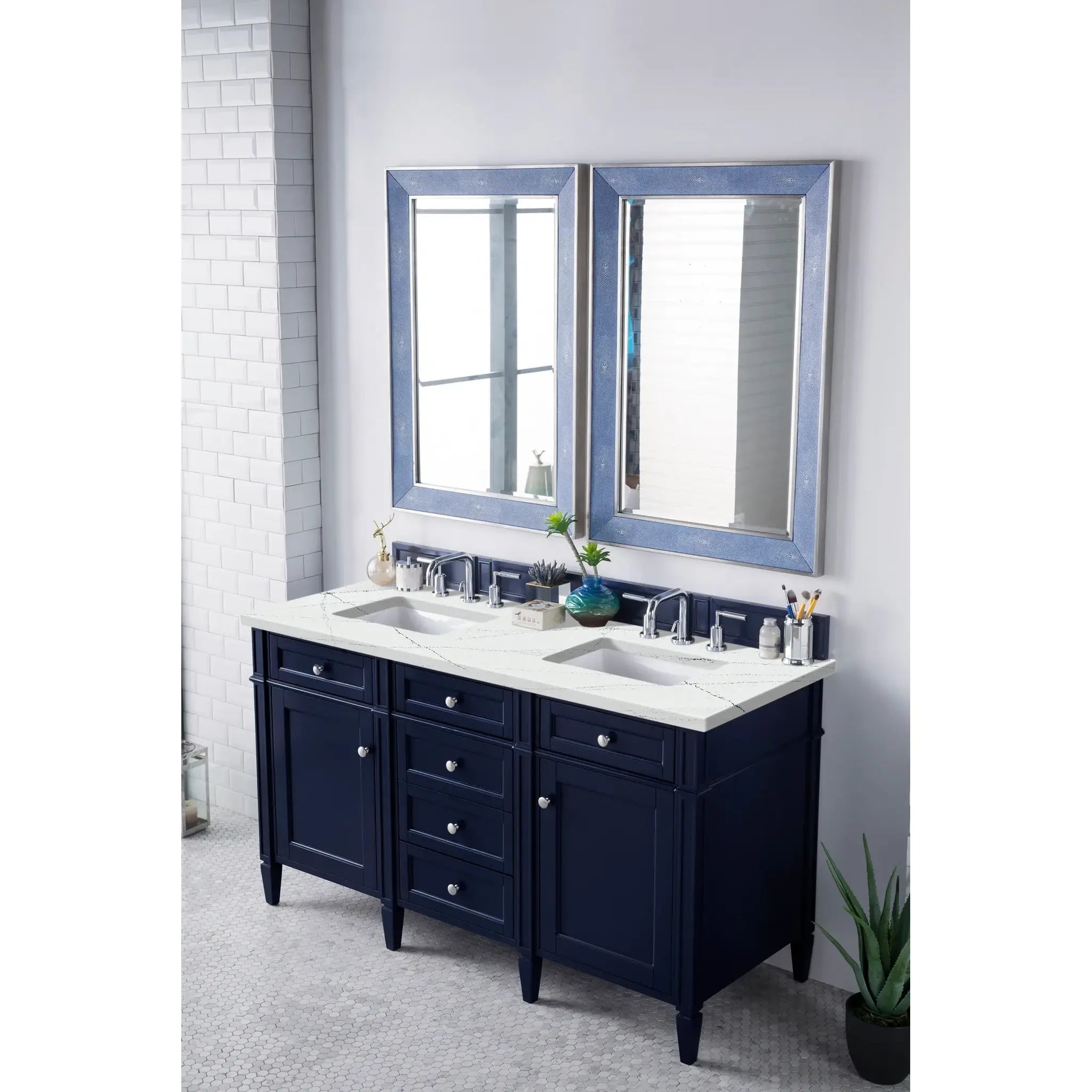 60" Brittany Double Vanity in Victory Blue w/FreePower Wireless Charger-Ethereal Noctis Silestone-8" Widespread image 5
