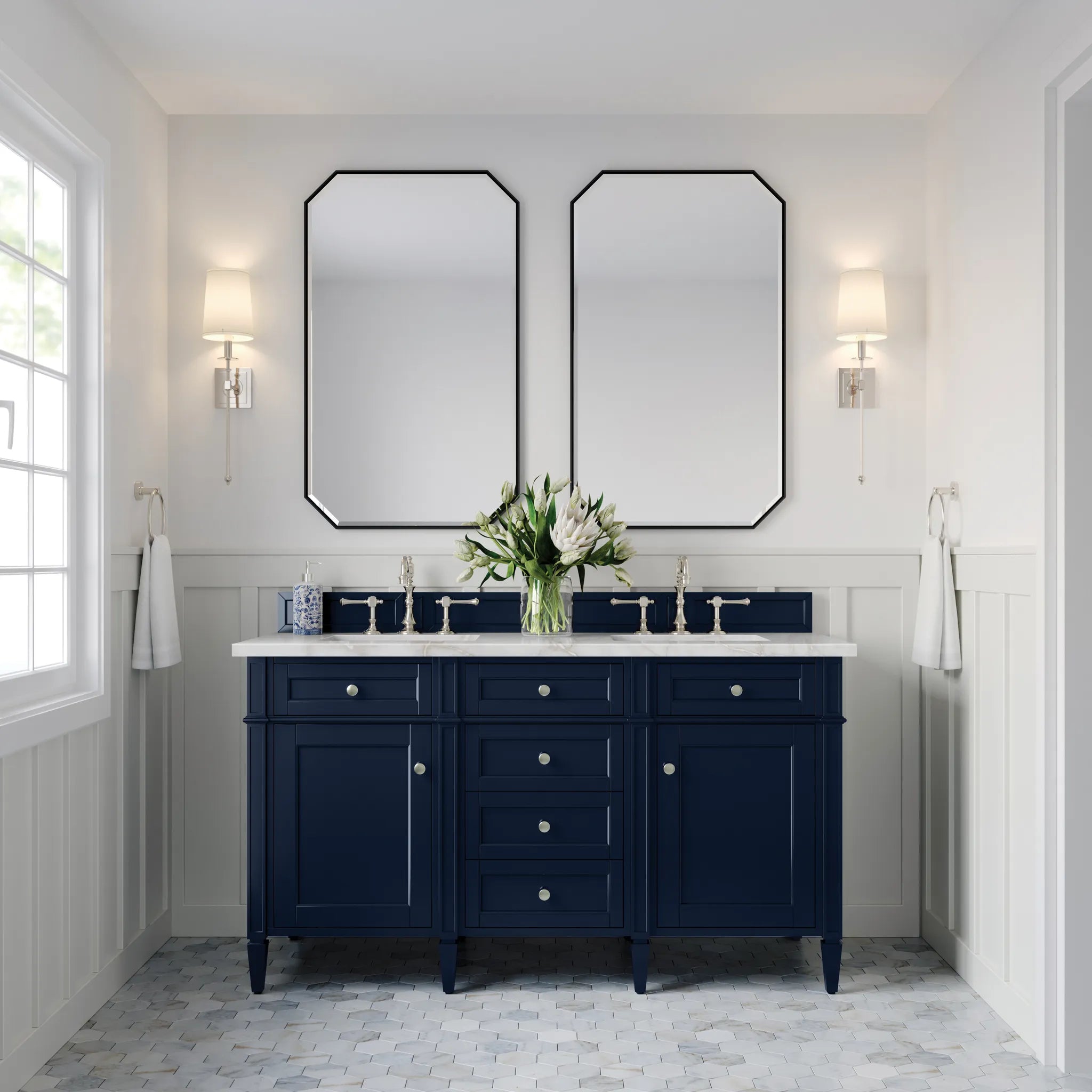 60" Brittany Double Vanity in Victory Blue w/FreePower Wireless Charger-Victorian Silver Silestone-8" Widespread image 4
