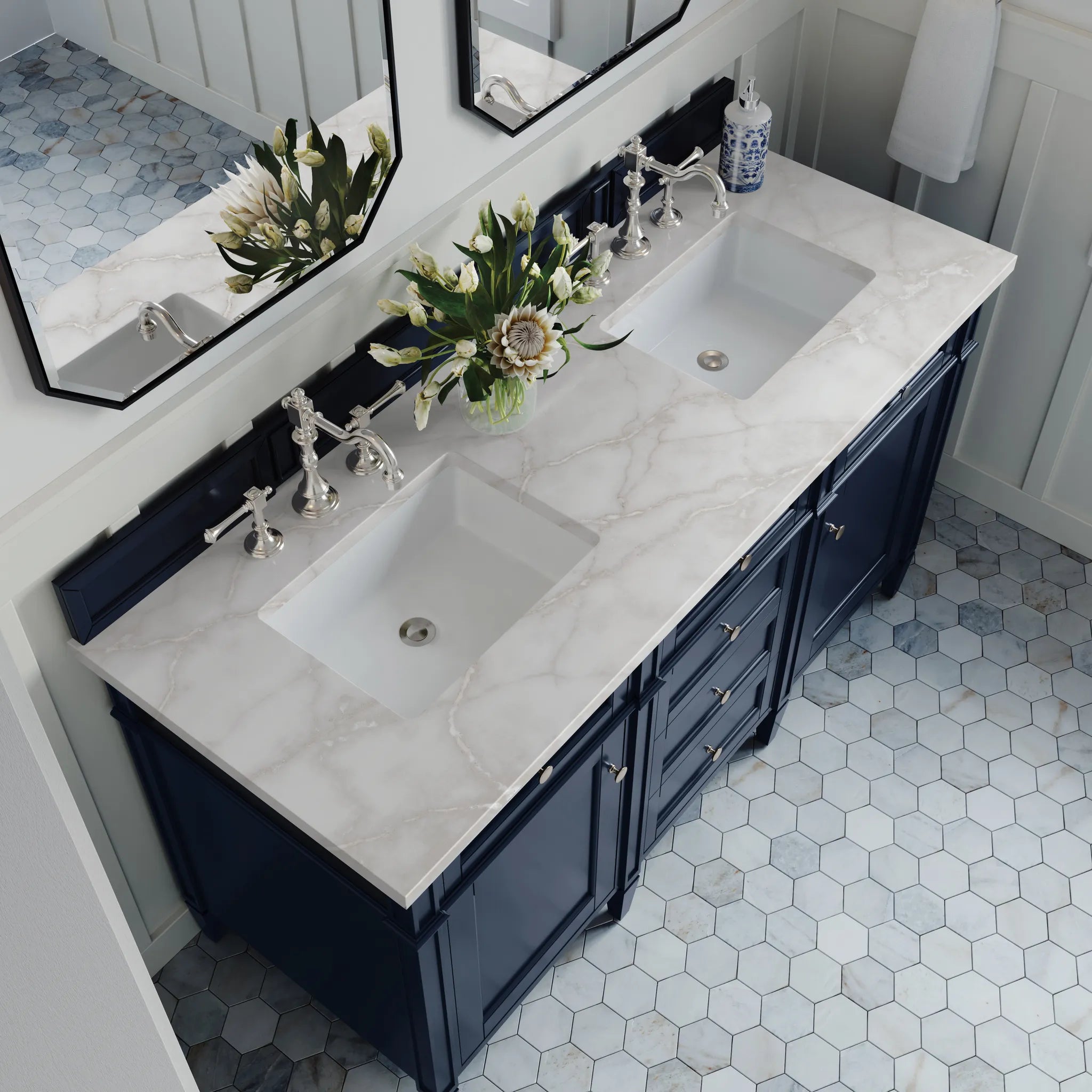 60" Brittany Double Vanity in Victory Blue w/FreePower Wireless Charger-Victorian Silver Silestone-8" Widespread image 8