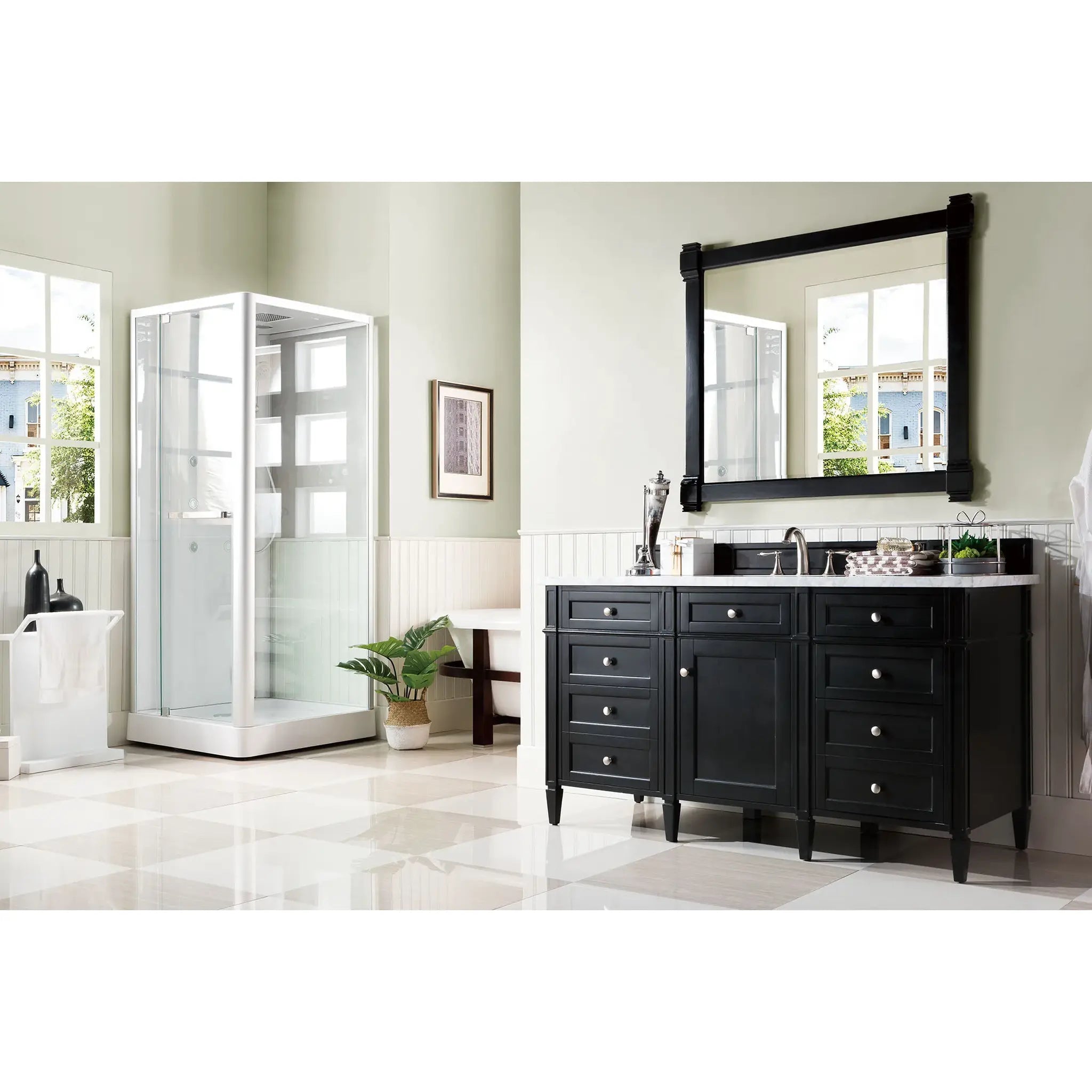 60" Brittany Single Vanity in Black Onyx-Carrara White Marble-8" Widespread image 2