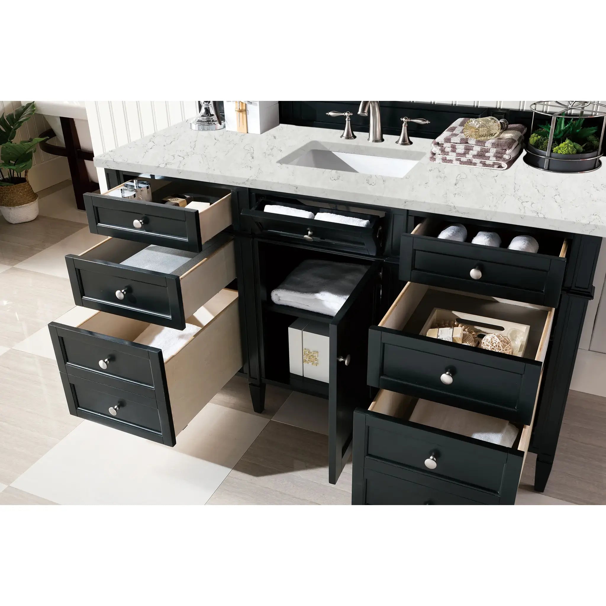 60" Brittany Single Vanity in Black Onyx-Eternal Jasmine Pearl Silestone-8" Widespread image 3