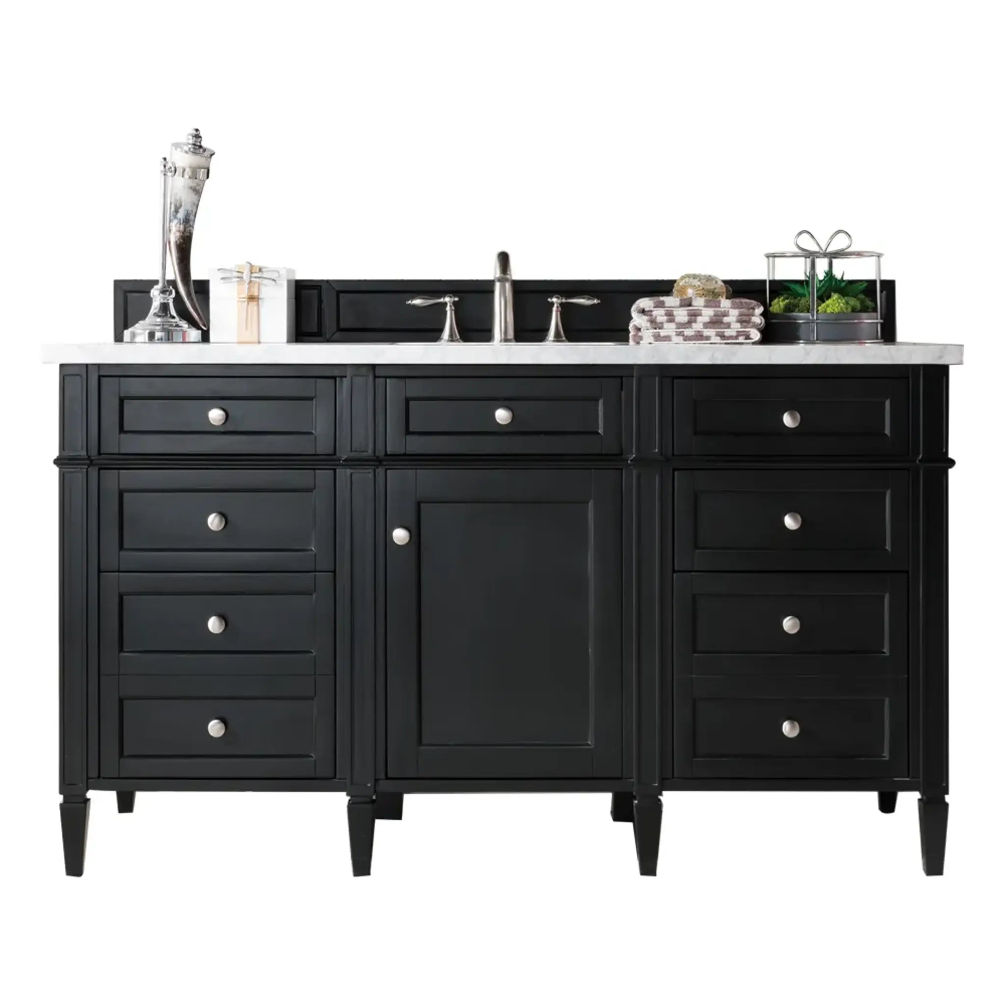 60" Brittany Single Vanity in Black Onyx-Eternal Jasmine Pearl Silestone-8" Widespread image