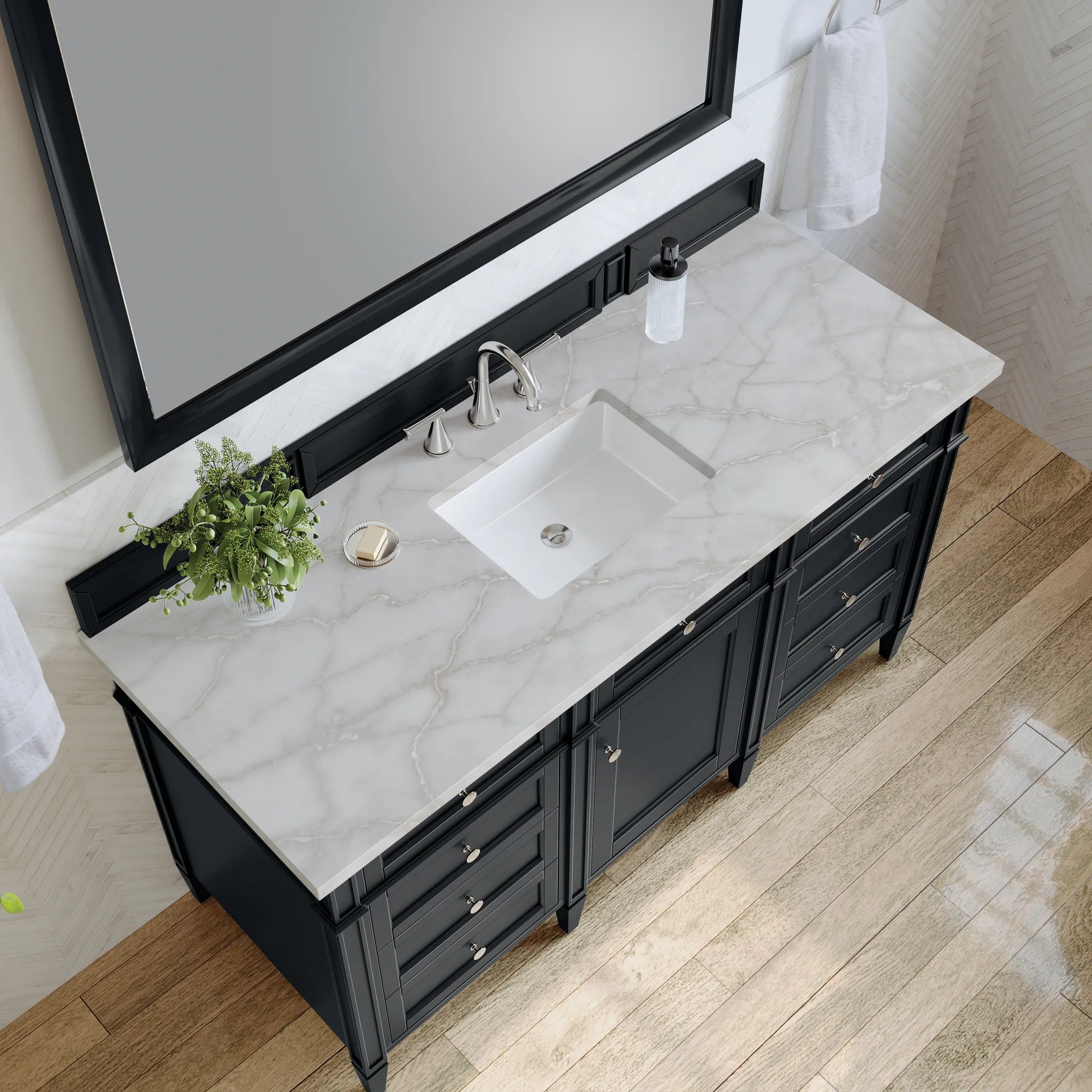 60" Brittany Single Vanity in Black Onyx-Victorian Silver Silestone-8" Widespread image 4