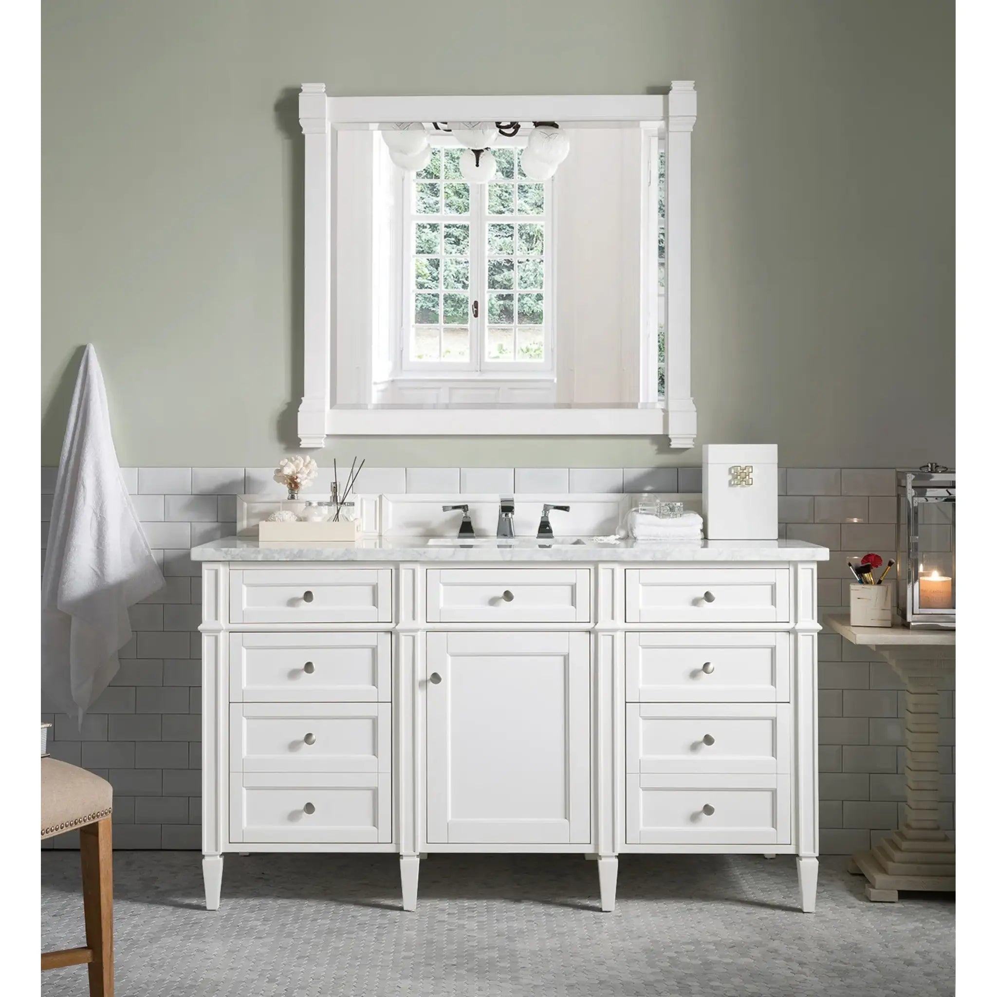 60" Brittany Single Vanity in Bright White-Carrara White Marble-8" Widespread image 1