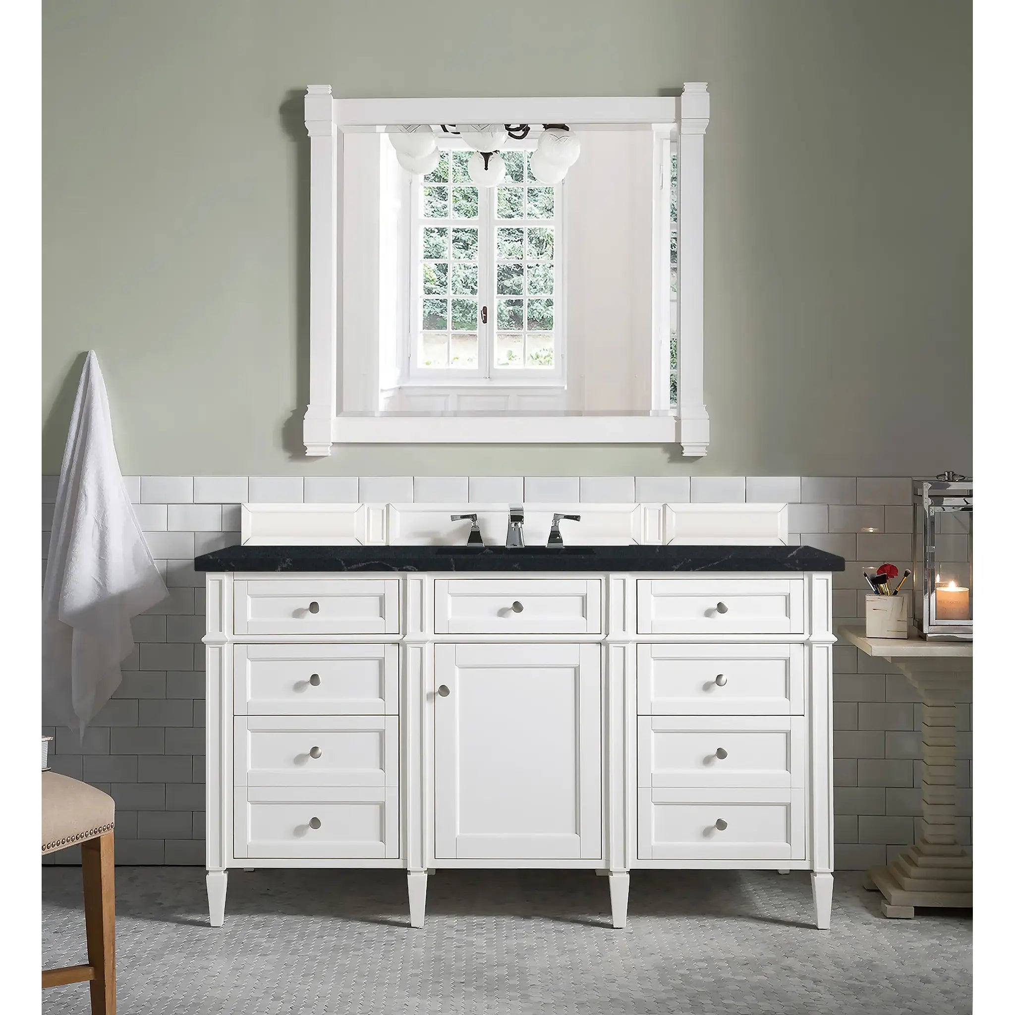 60" Brittany Single Vanity in Bright White-Charcoal Soapstone Silestone-8" Widespread image 1