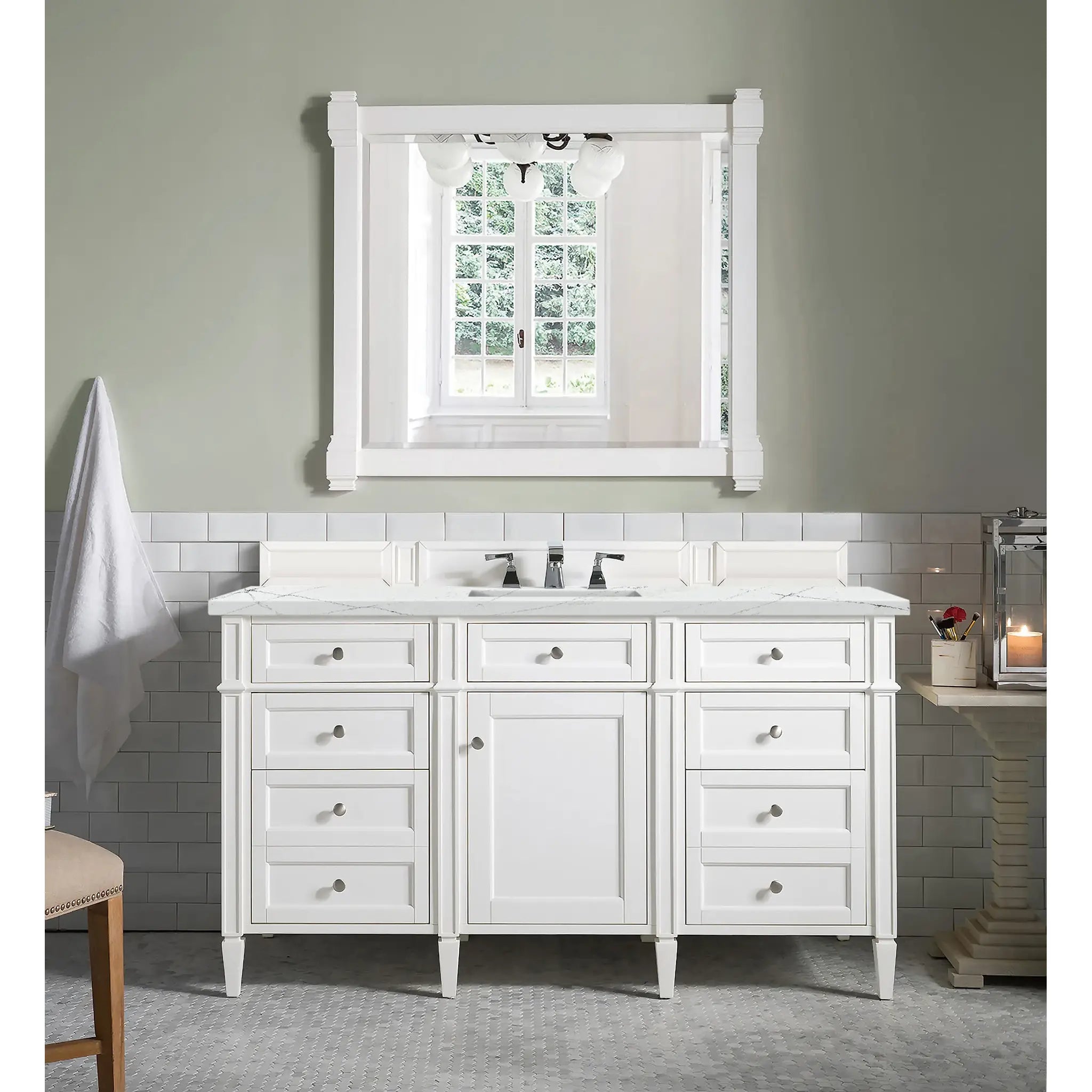 60" Brittany Single Vanity in Bright White w/FreePower Wireless Charger-Ethereal Noctis Silestone-8" Widespread image 4