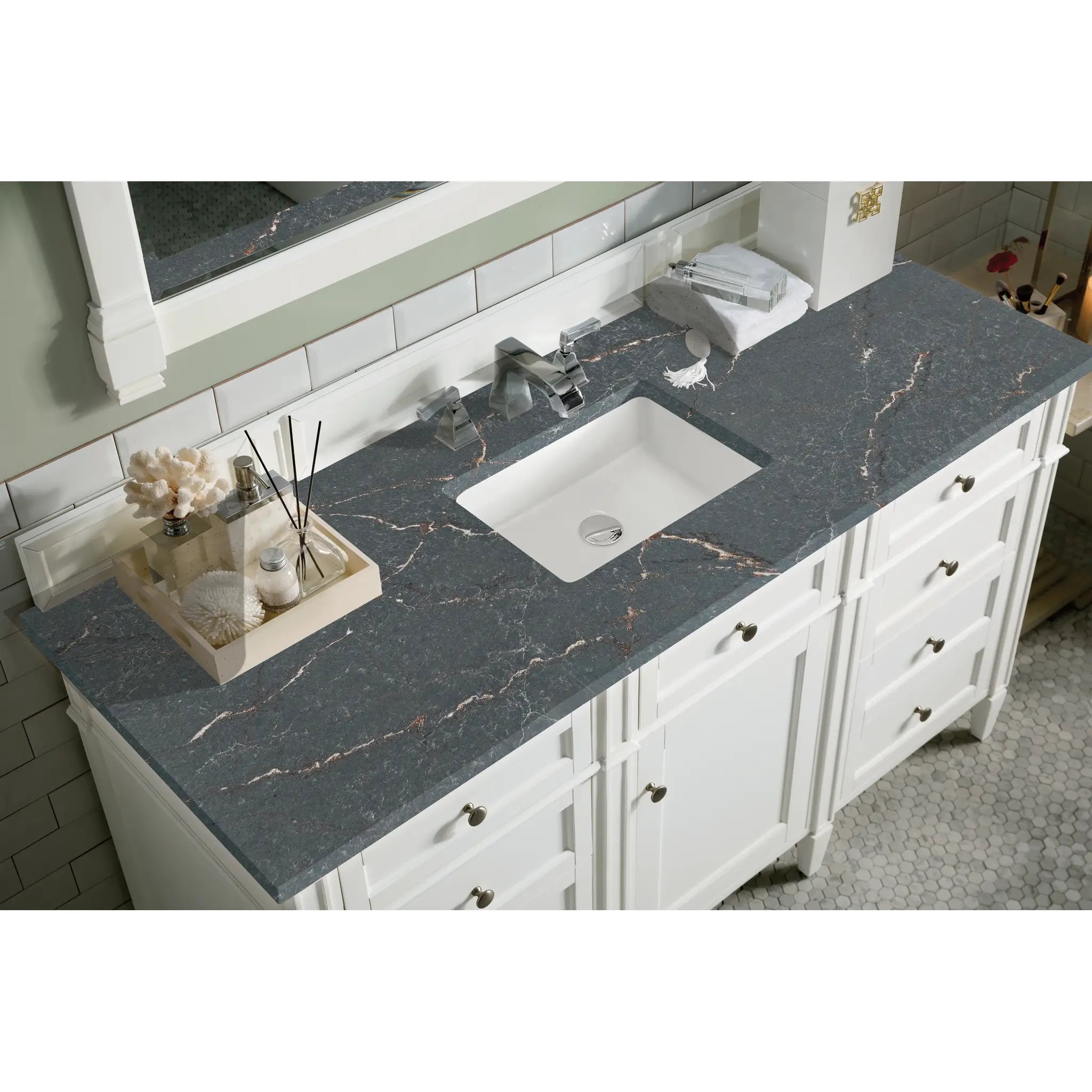 60" Brittany Single Vanity in Bright White w/FreePower Wireless Charger-Parisien Bleu Silestone-8" Widespread image 8