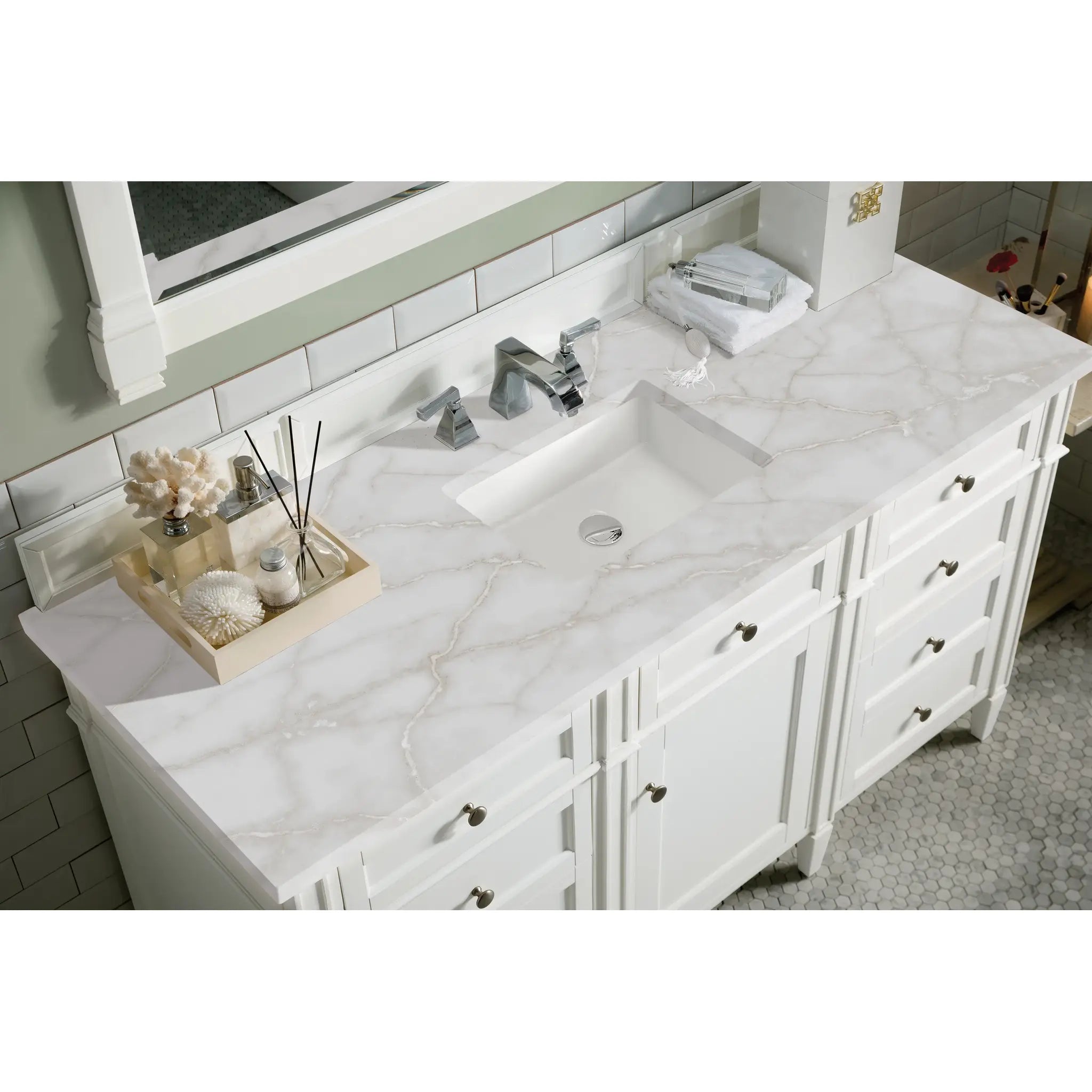 60" Brittany Single Vanity in Bright White w/FreePower Wireless Charger-Victorian Silver Silestone-8" Widespread image 8