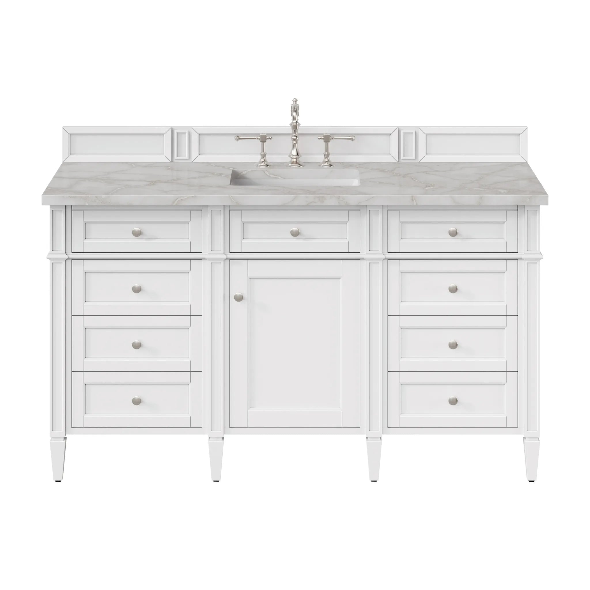 60" Brittany Single Vanity in Bright White w/FreePower Wireless Charger-Victorian Silver Silestone-8" Widespread image