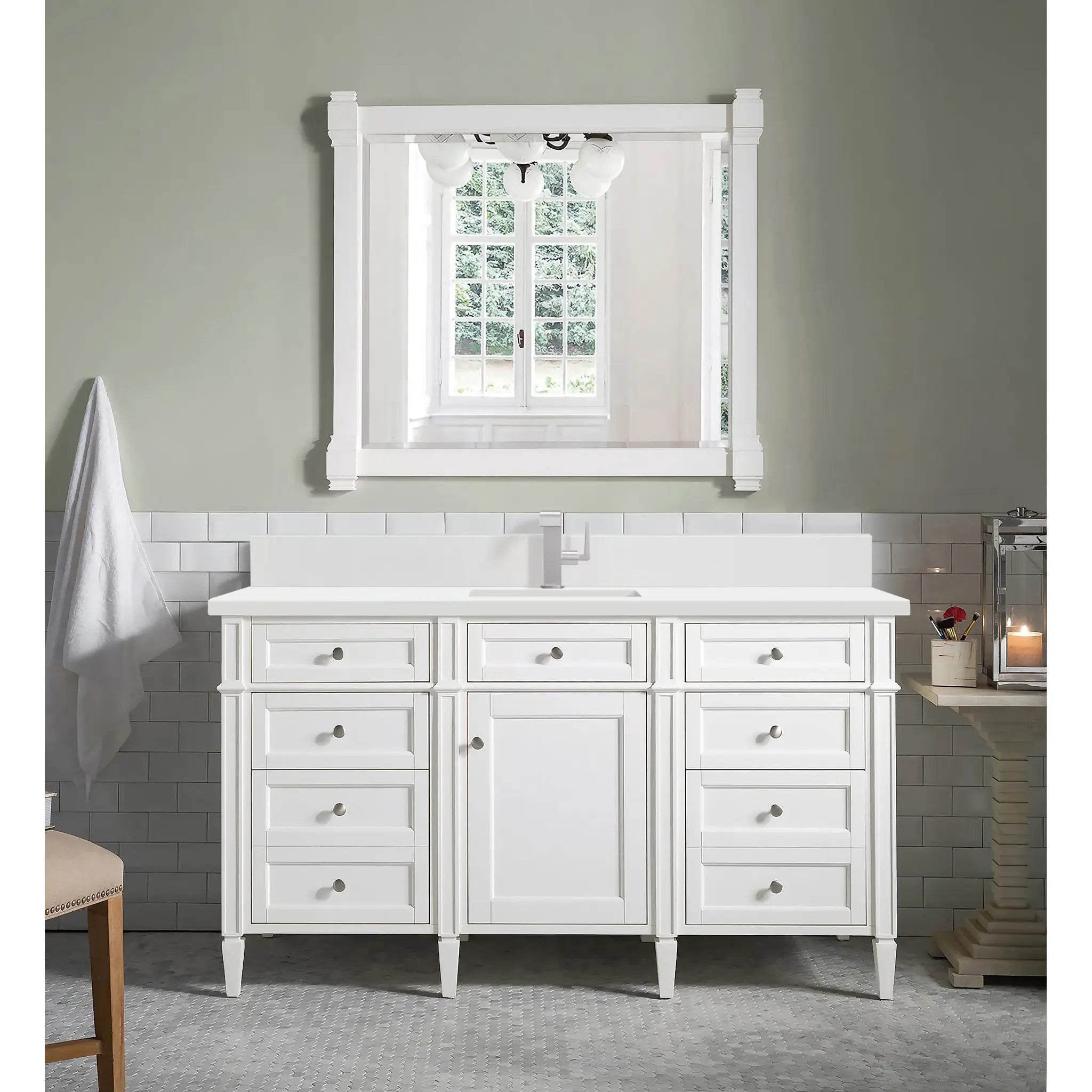 60" Brittany Single Vanity in Bright White-White Zeus Silestone & Backsplash-Single Hole image 1