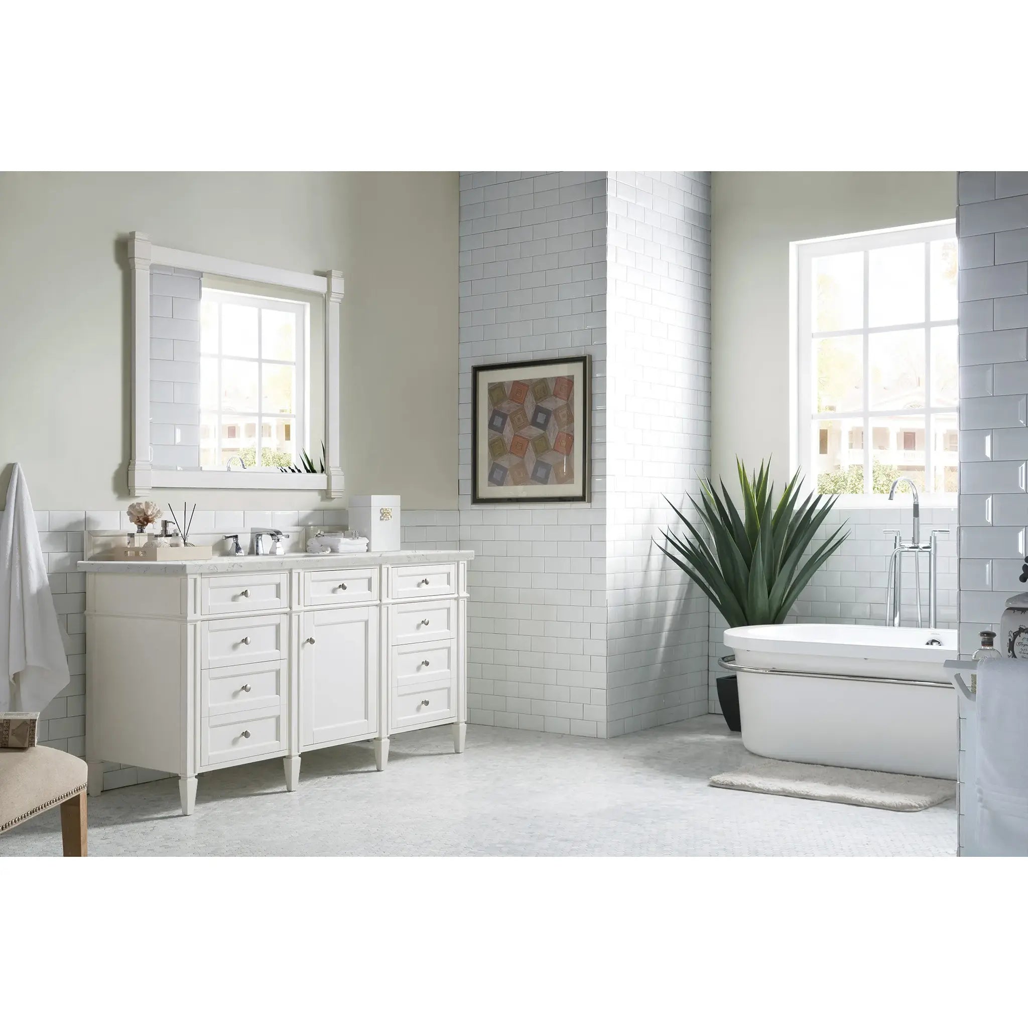 60" Brittany Single Vanity in Bright White Wireless Charger-Eternal Jasmine Pearl Silestone-8" Widespread image 5
