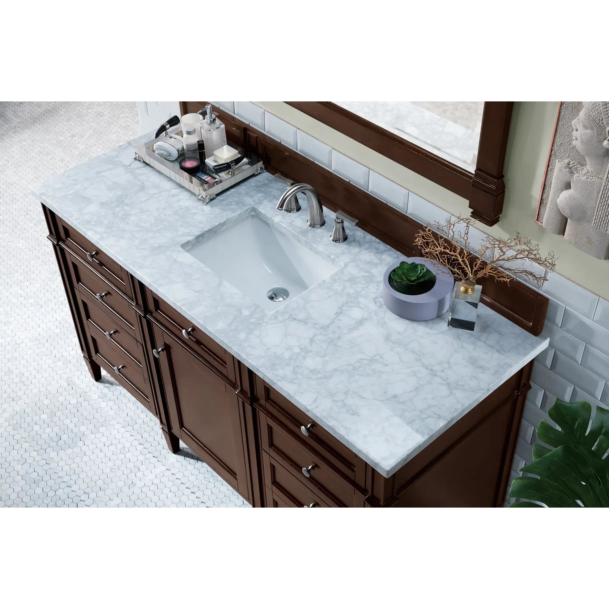 60" Brittany Single Vanity in Burnished Mahogany-Carrara White Marble-8" Widespread image 4