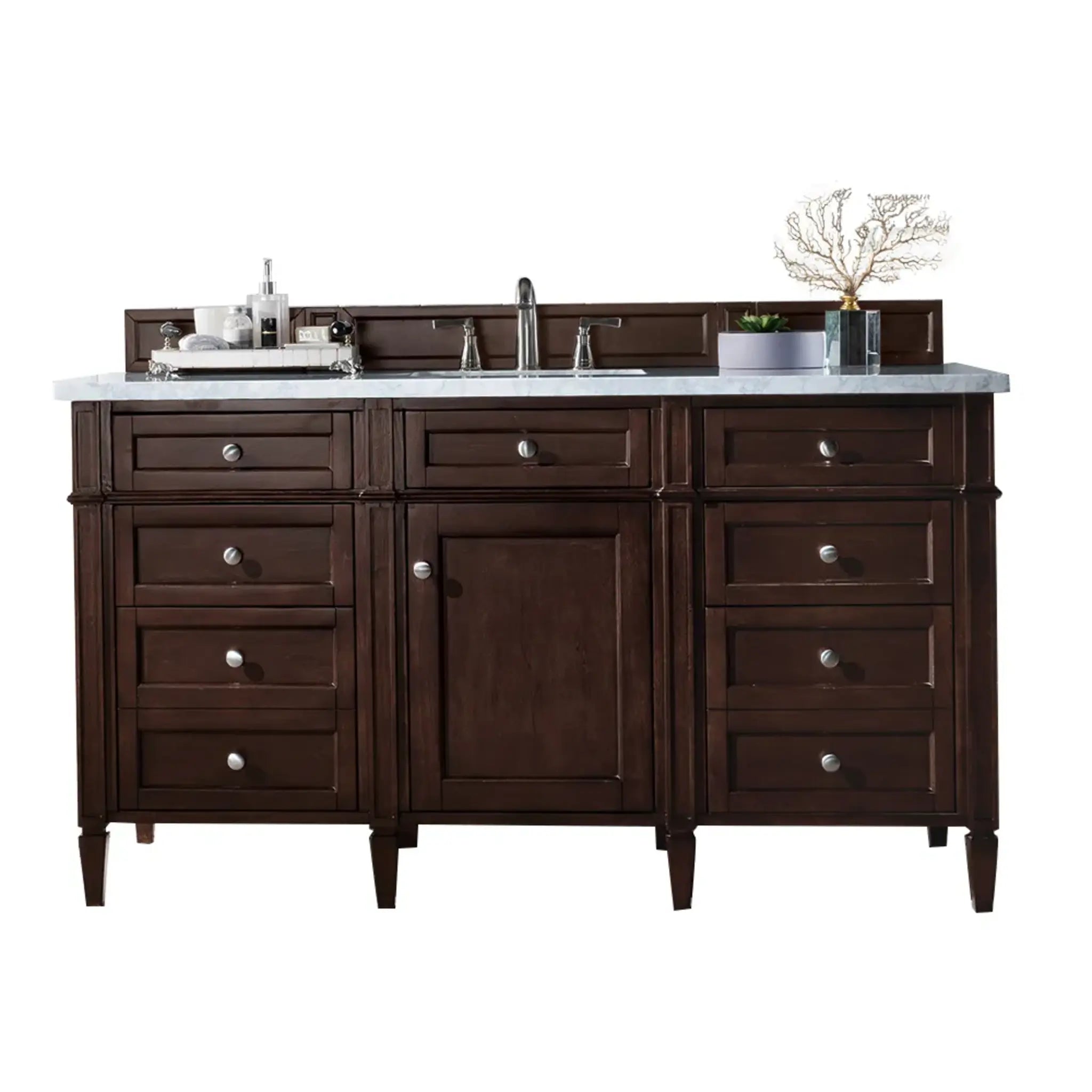 60" Brittany Single Vanity in Burnished Mahogany-Carrara White Marble-8" Widespread image