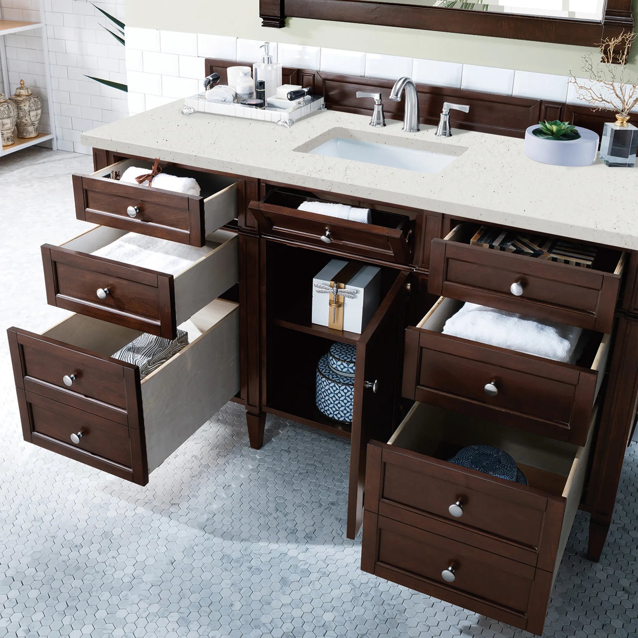 60" Brittany Single Vanity in Burnished Mahogany-Lime Delight Silestone-8" Widespread image 3