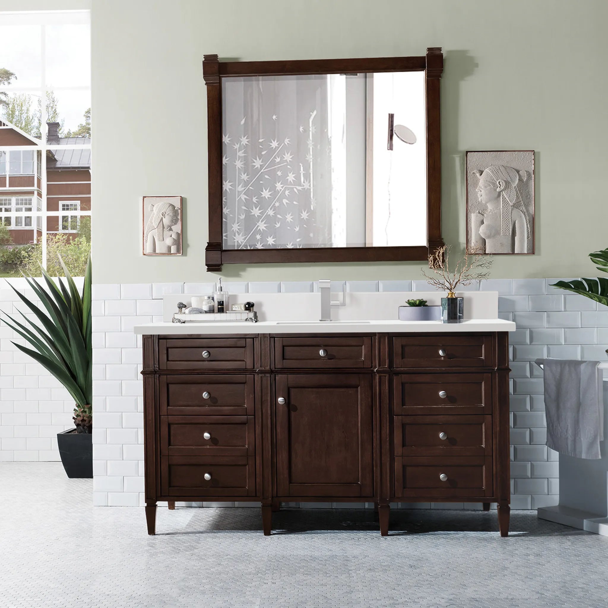 60" Brittany Single Vanity in Burnished Mahogany-White Zeus Silestone & Backsplash-Single Hole image 1