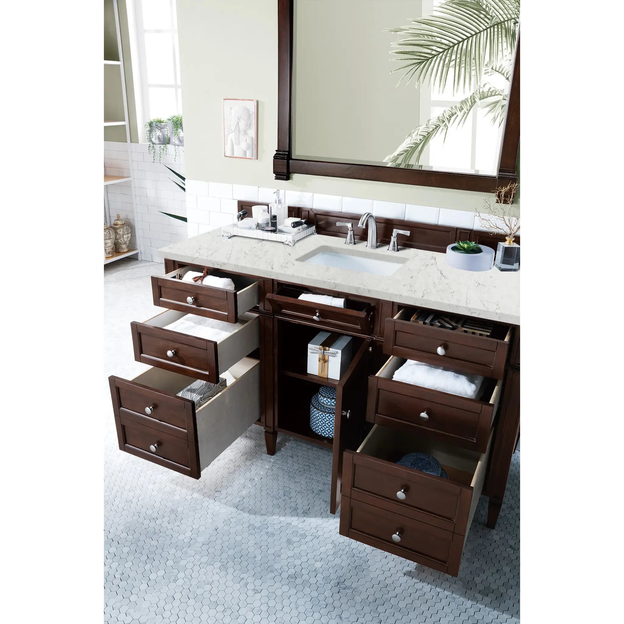 60" Brittany Single Vanity in Burnished Mahogany Wireless Charger-Eternal Jasmine Pearl Silestone-8" Widespread image 6