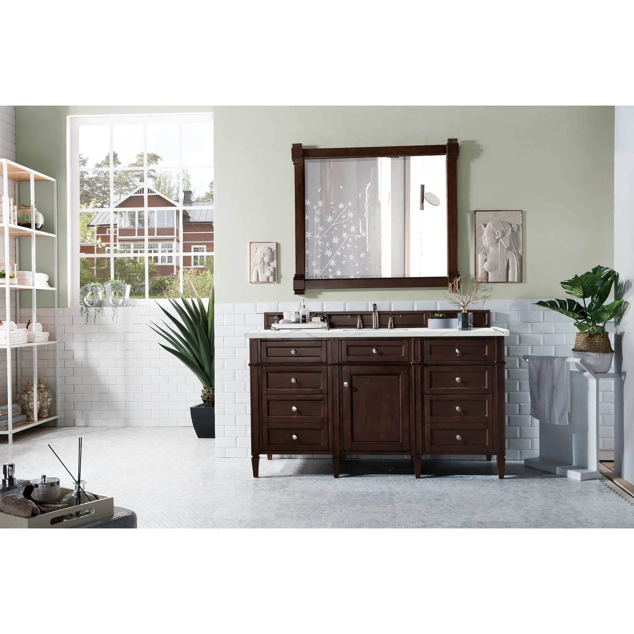 60" Brittany Single Vanity in Burnished Mahogany Wireless Charger-Ethereal Noctis Silestone-8" Widespread image 4
